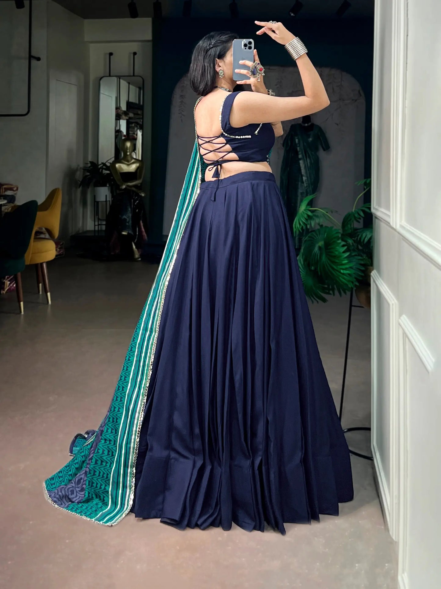 Navy Blue Garba Chaniya Choli With Printed Dupatta