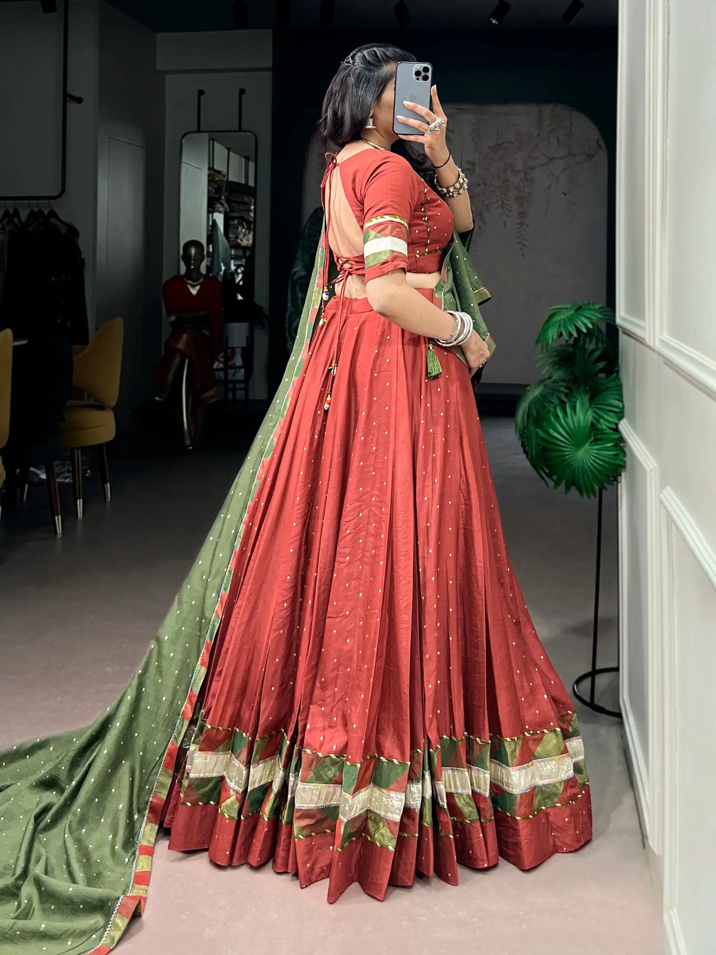 Rust Navratri Lehenga Choli With Lace Touch Up