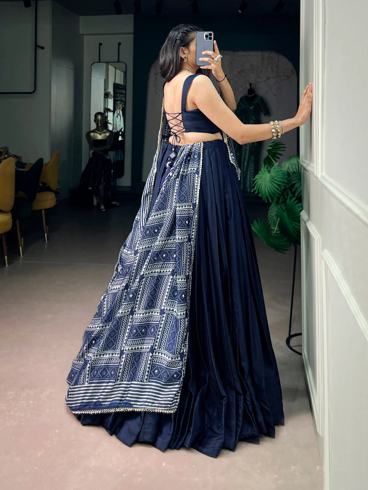 Navy Blue Navratri Chaniya Choli With Printed Dupatta