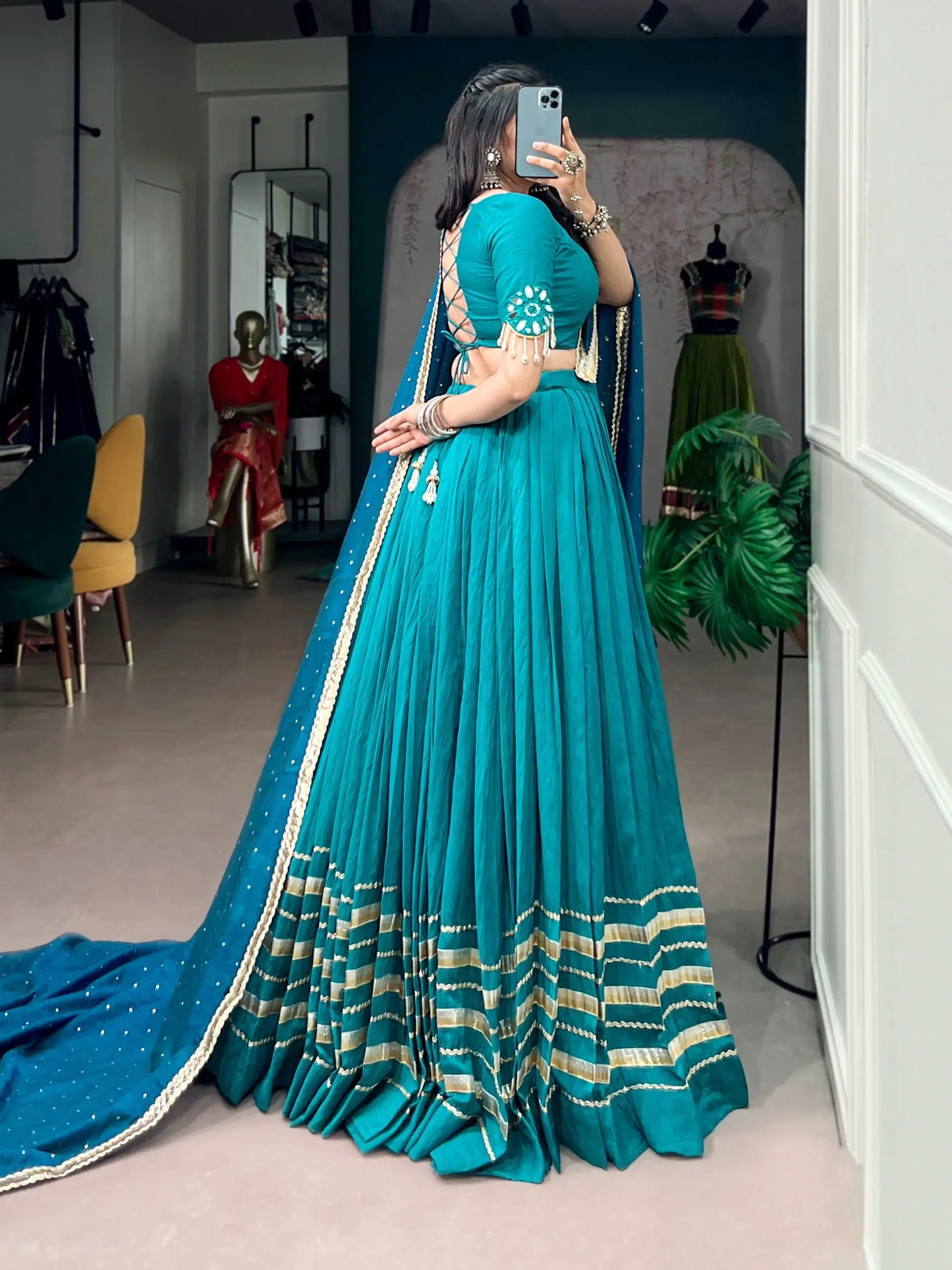 Teal Blue Navratri Lehenga Choli With Lace Touch Up