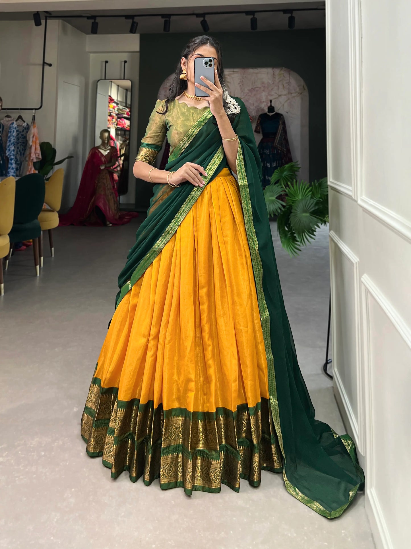 Bee Yellow Kanchipuram Lehenga Choli