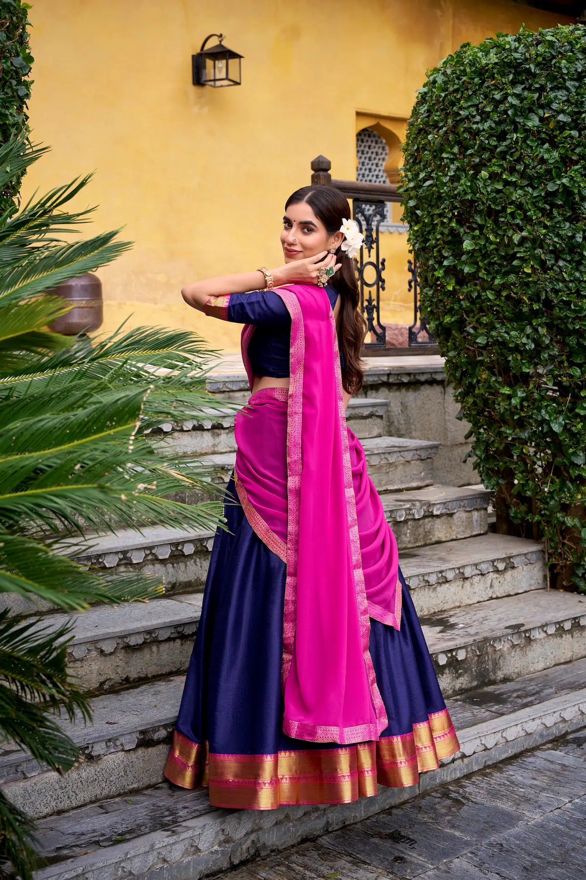 Navy Blue Poly Cotton Zari Weaving Lehenga Choli