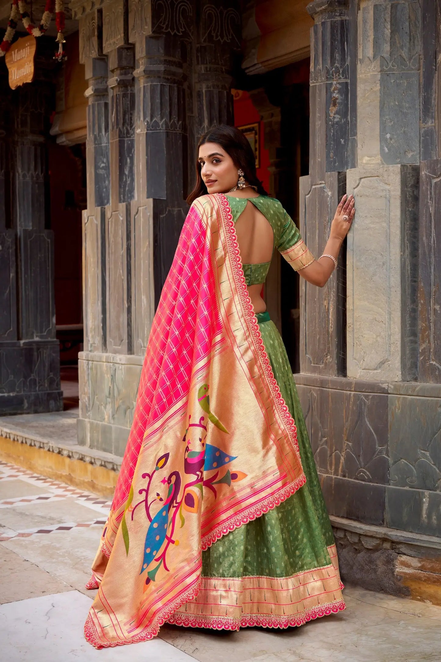 Dusty Green Shimmer Paithani Lehenga Choli