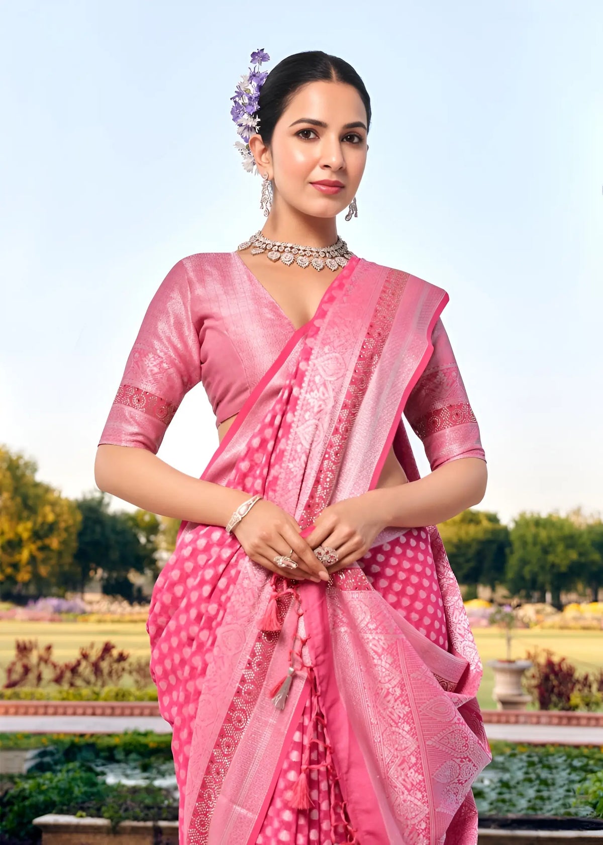 Cerise Pink Georgette Weaving Saree