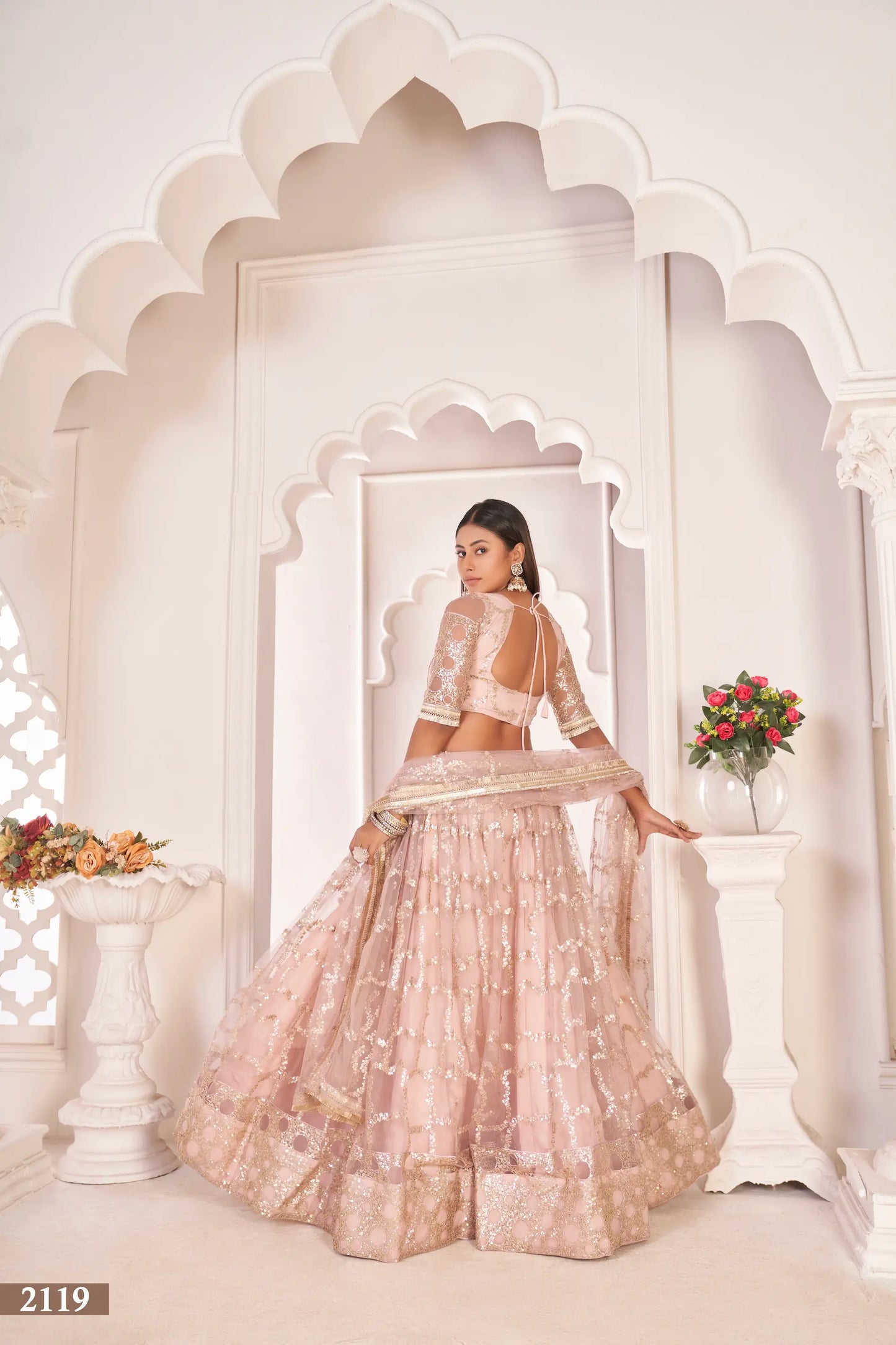 Light Onion Net Lehenga Choli With Zari Work & Sequence Embroidery Work