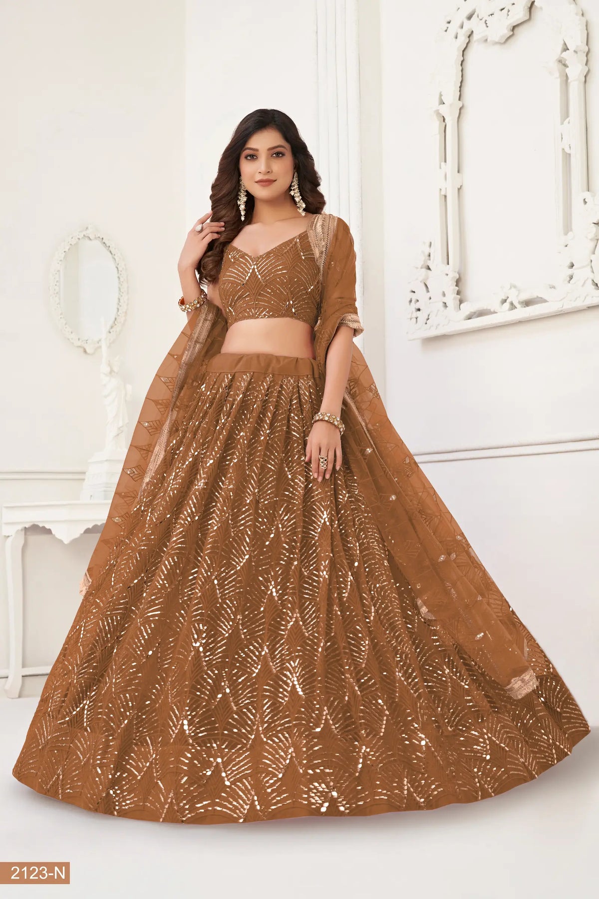 Bear Brown Net Embroidery Lehenga Choli
