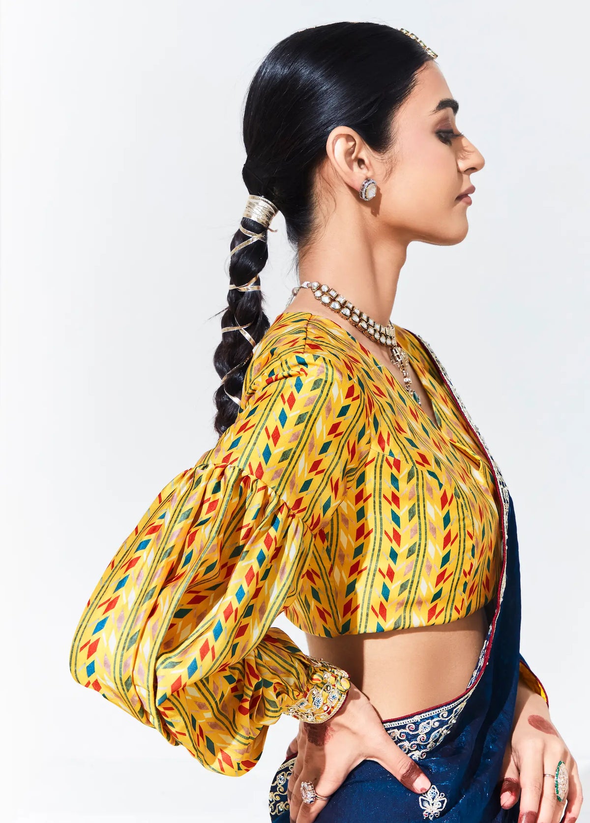 Blue Glass Organza Saree With Digital Print, Sequence & Thread Embroidery Work