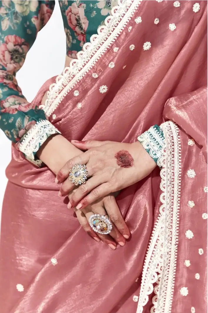 Peach Pink Glass Organza Saree With Digital Print, Sequence & Thread Embroidery Work