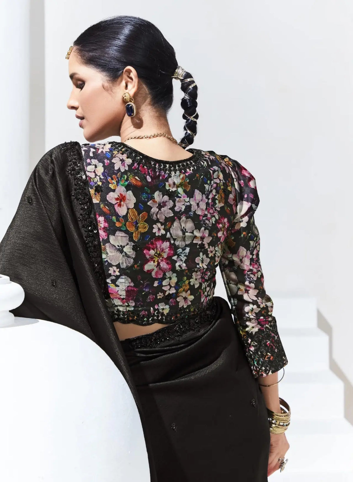 Black Glass Organza Saree With Digital Print, Sequence & Thread Embroidery Work