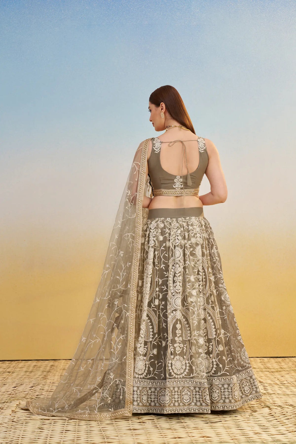 Dark Beige Net Lehenga Choli With Thread & Sequins Embroidery Work