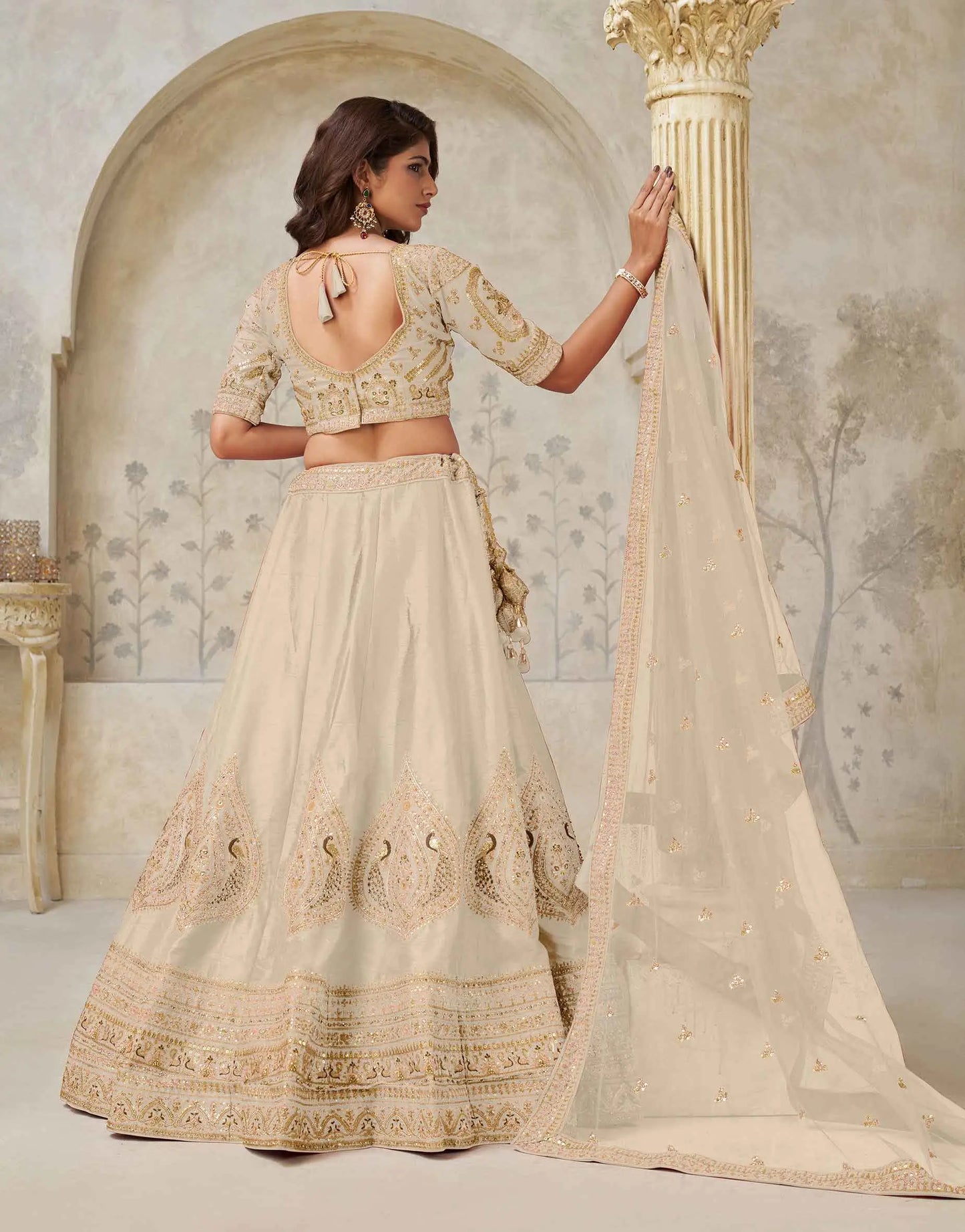 Elegant Beige Wedding Lehenga With Leaf Embroidery