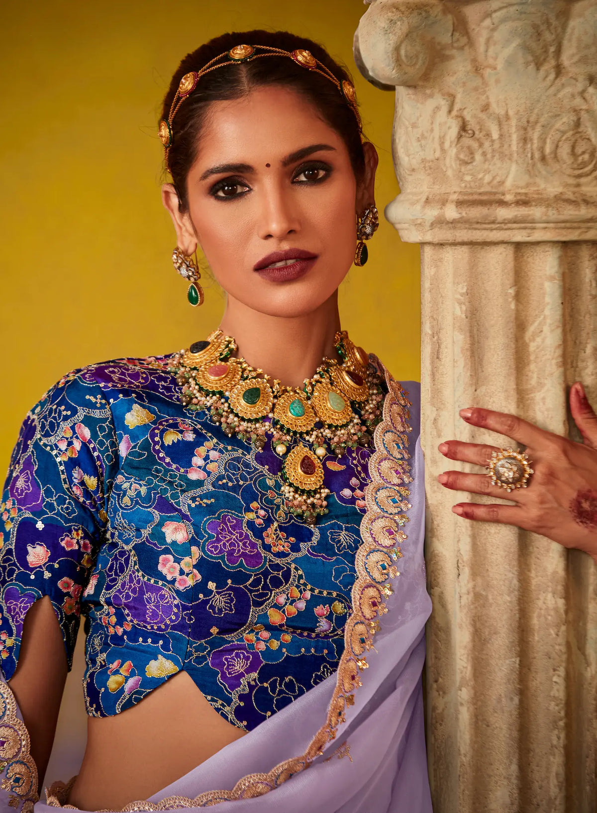Lavender Glass Tissue Saree With Digital Print, Sequence & Thread Embroidery Work
