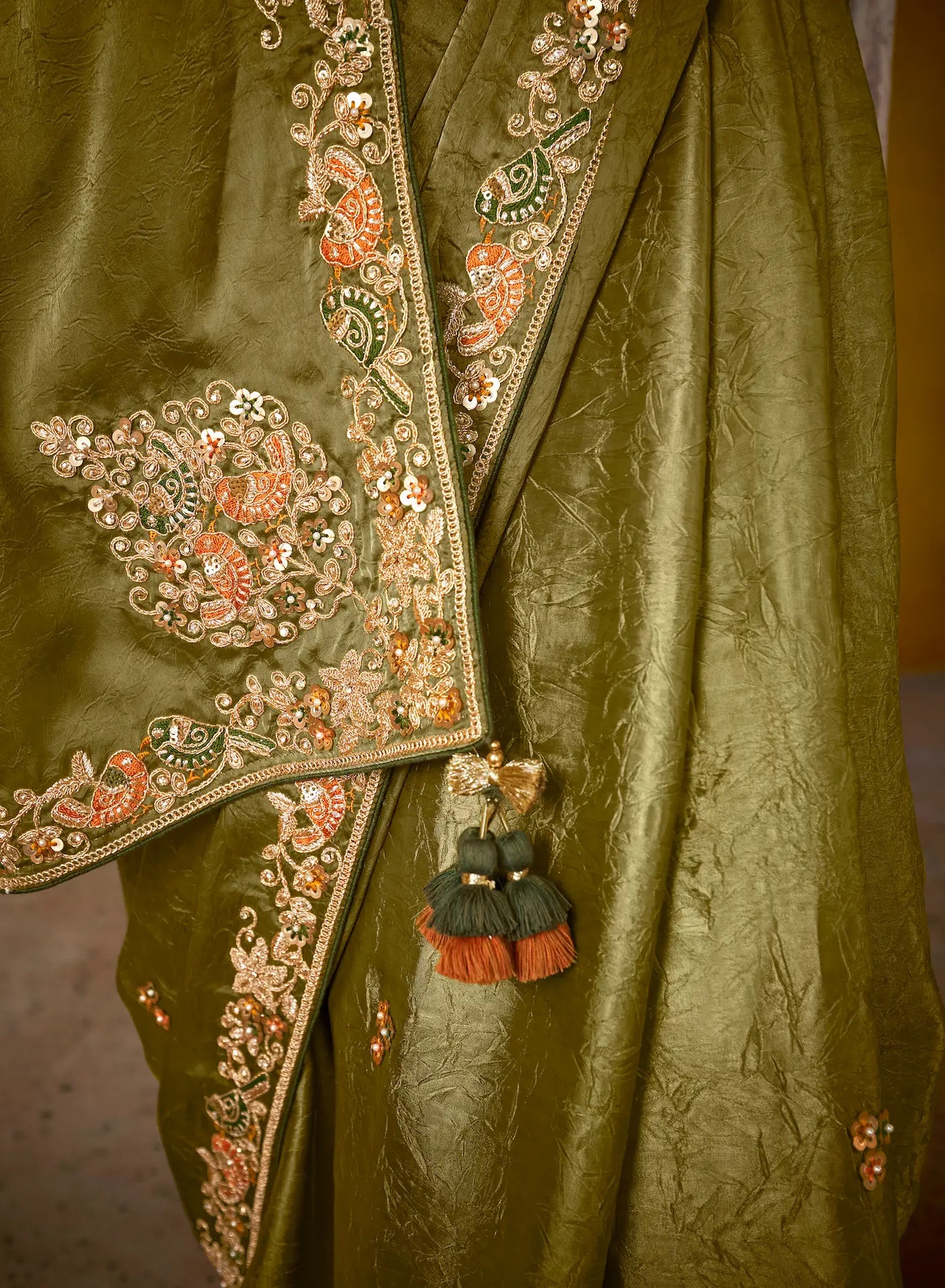Olive Green Glass Tissue Saree With Digital Print, Sequence & Thread Embroidery Work