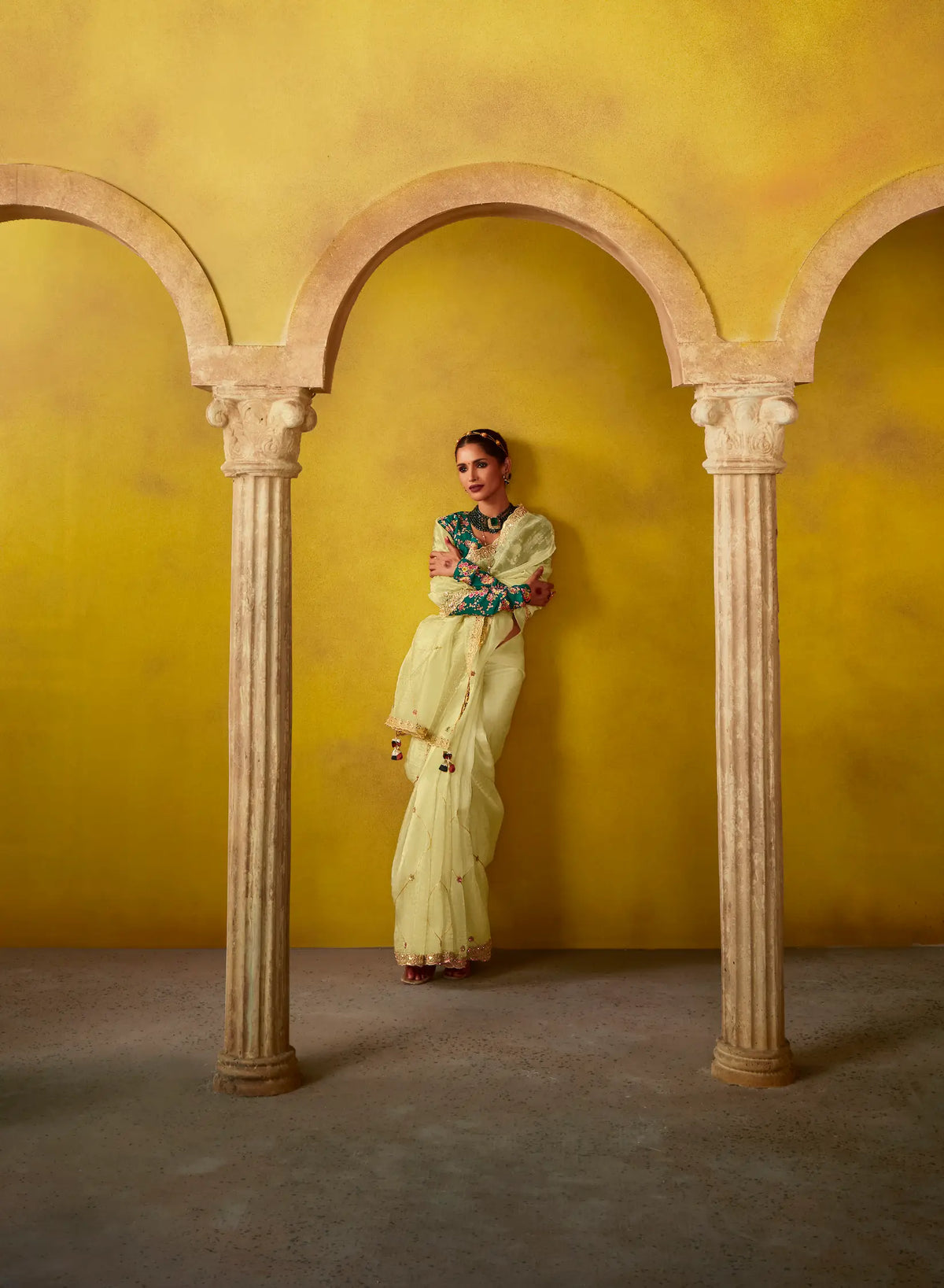 Lime Yellow Glass Tissue Saree With Digital Print, Sequence & Thread Embroidery Work
