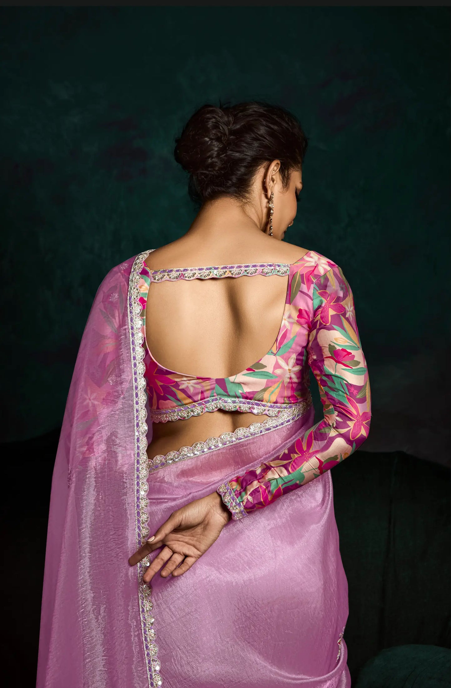 Blush Pink Glass Organza Saree With Digital Print, Sequence & Thread Embroidery Work