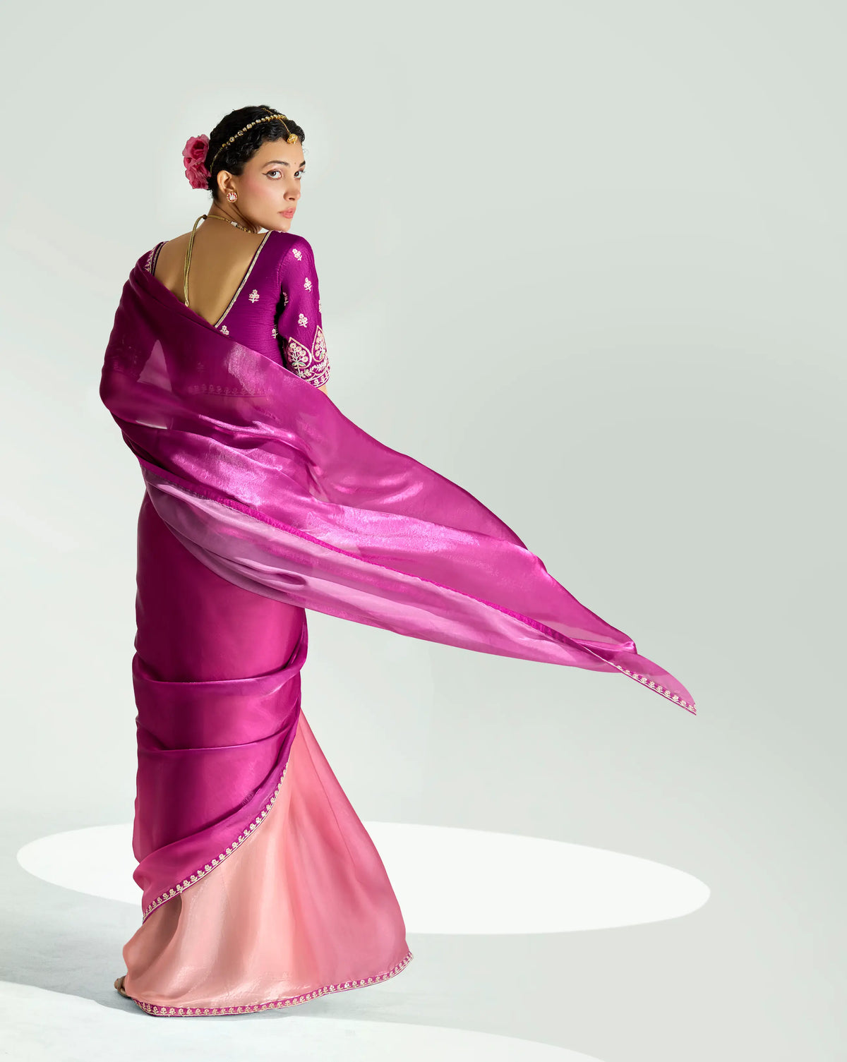 Dark Purple-Tulip Pink Organza Embroidery Saree