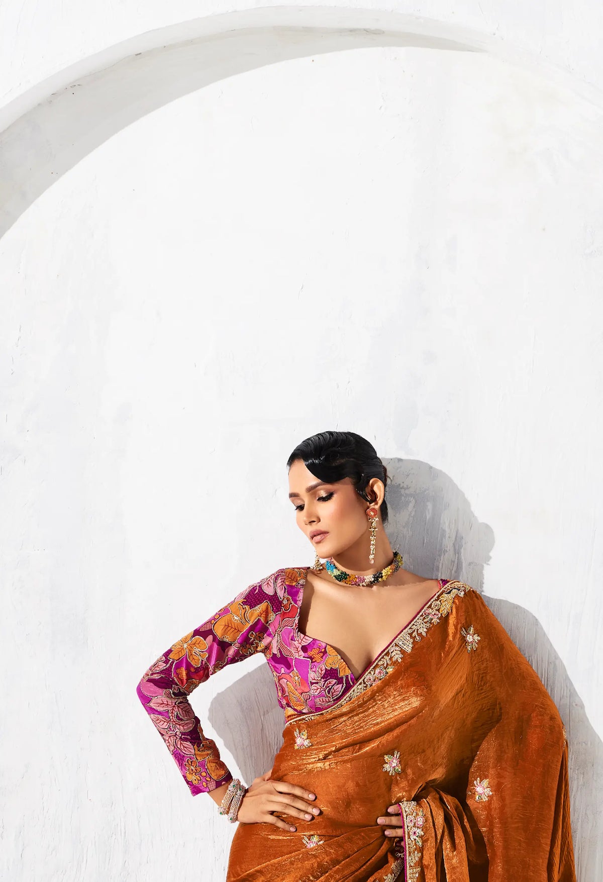 Rust Orange Glass Tissue Embroidery Party Wear Saree