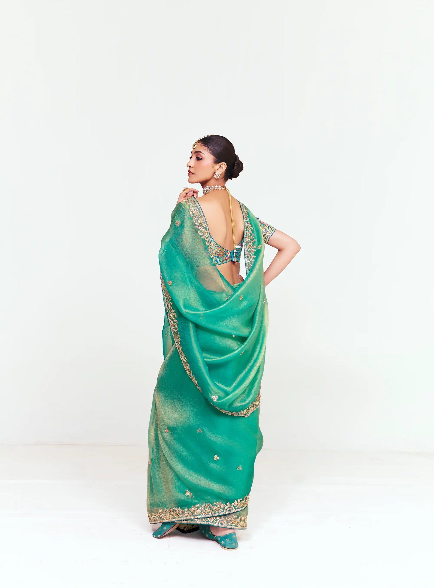 Dusty Teal Embroidered Party Wear Saree