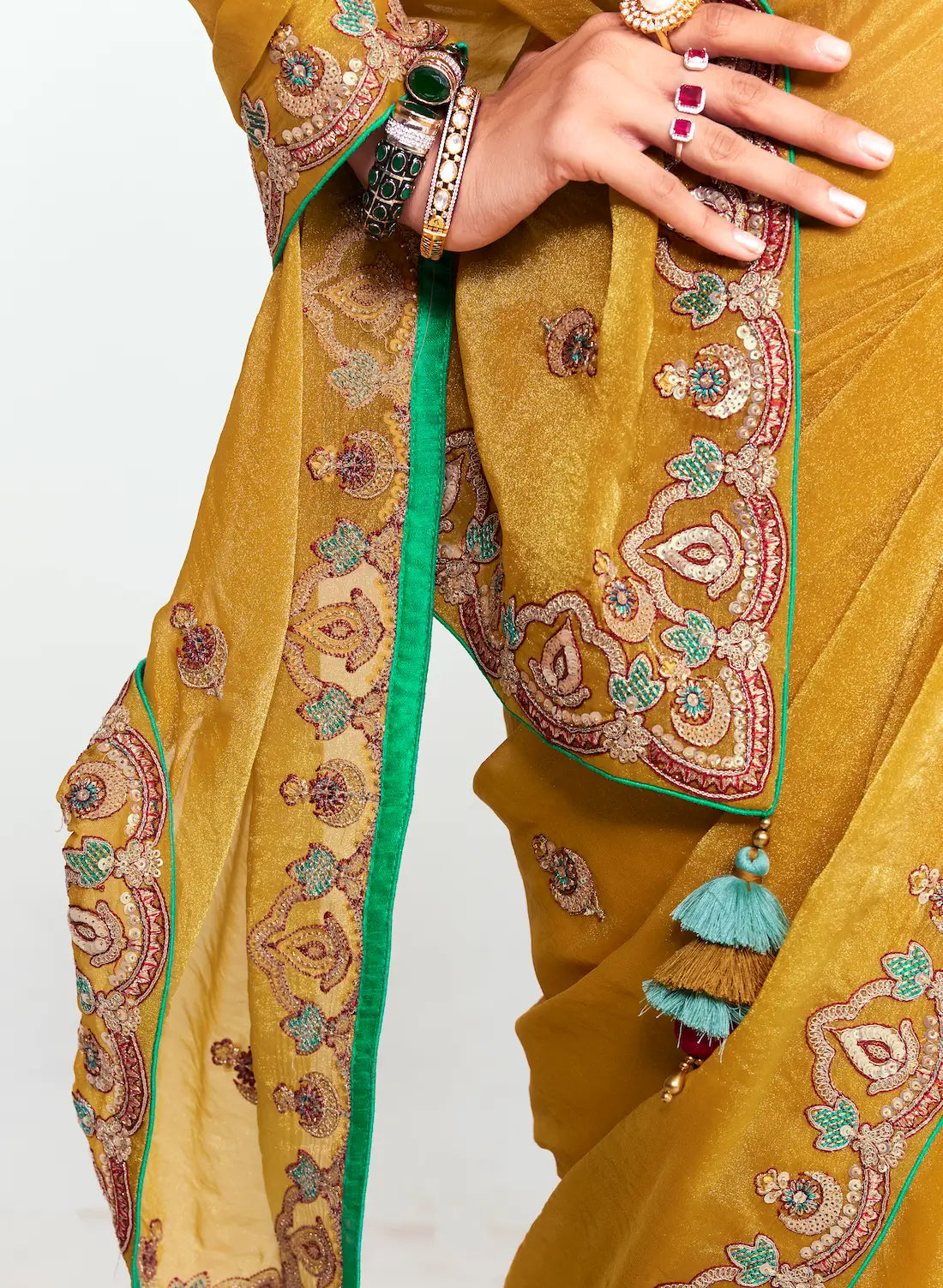 Fuel Yellow Embroidered Party Wear Saree