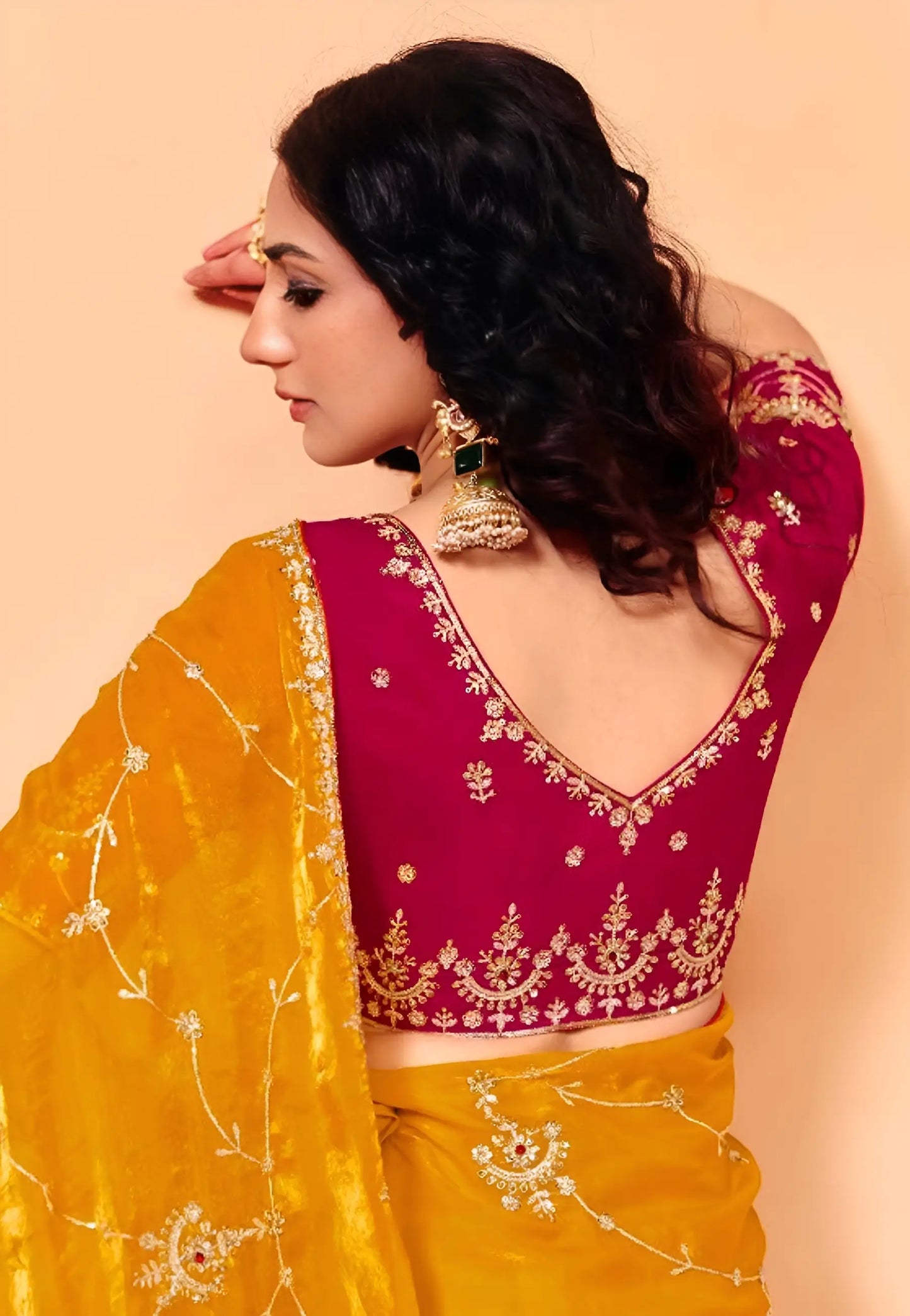 Bee Yellow Satin Embroidery Saree