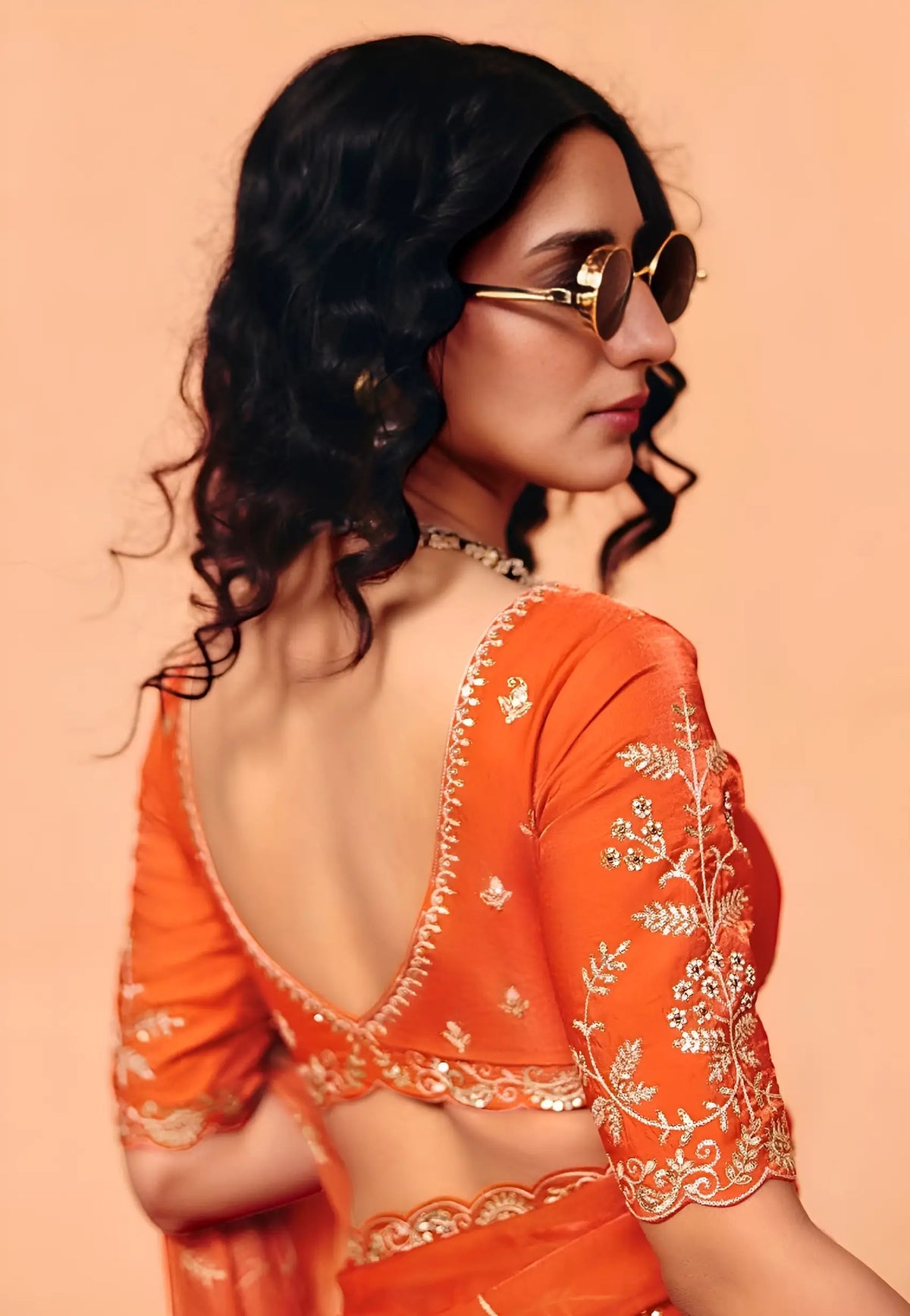 Bright Orange Satin Embroidery Saree