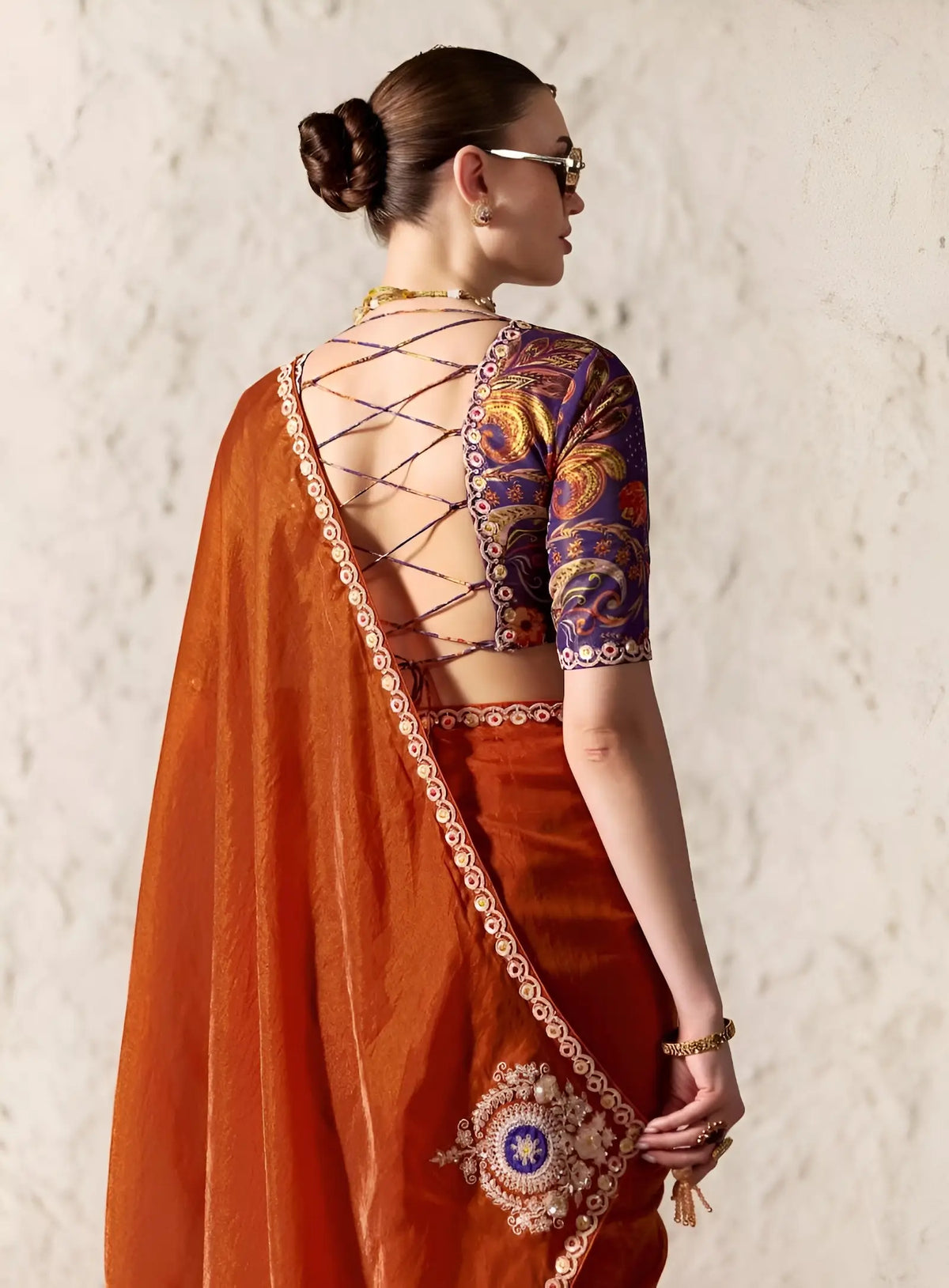 Rust Orange Embroidered Party Wear Saree