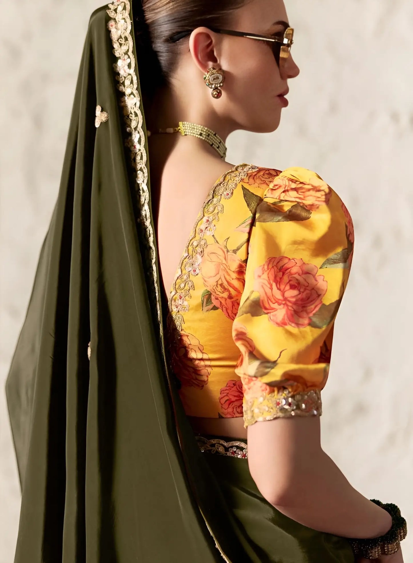 Dark Olive Embroidered Party Wear Saree
