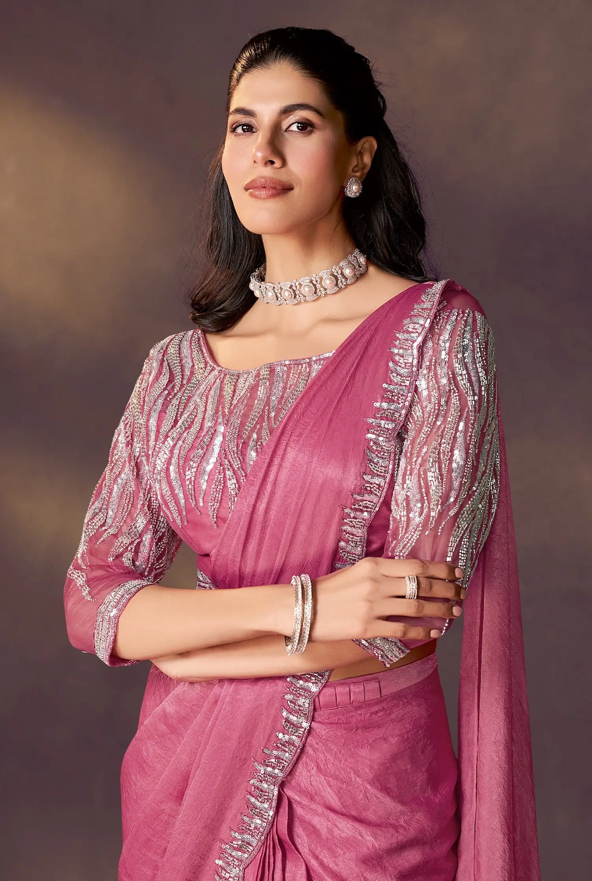 Tulip Pink One Minute Saree With Embroidery & Hand Work