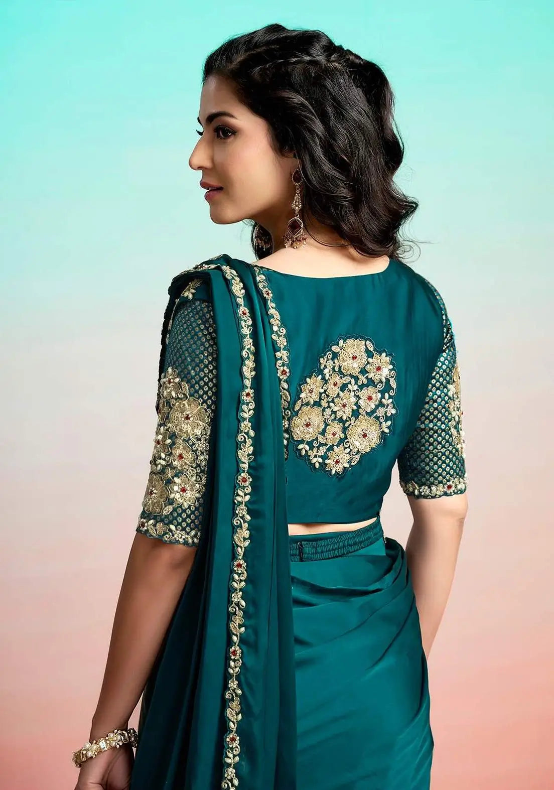 Dark Teal Ready To Wear Saree