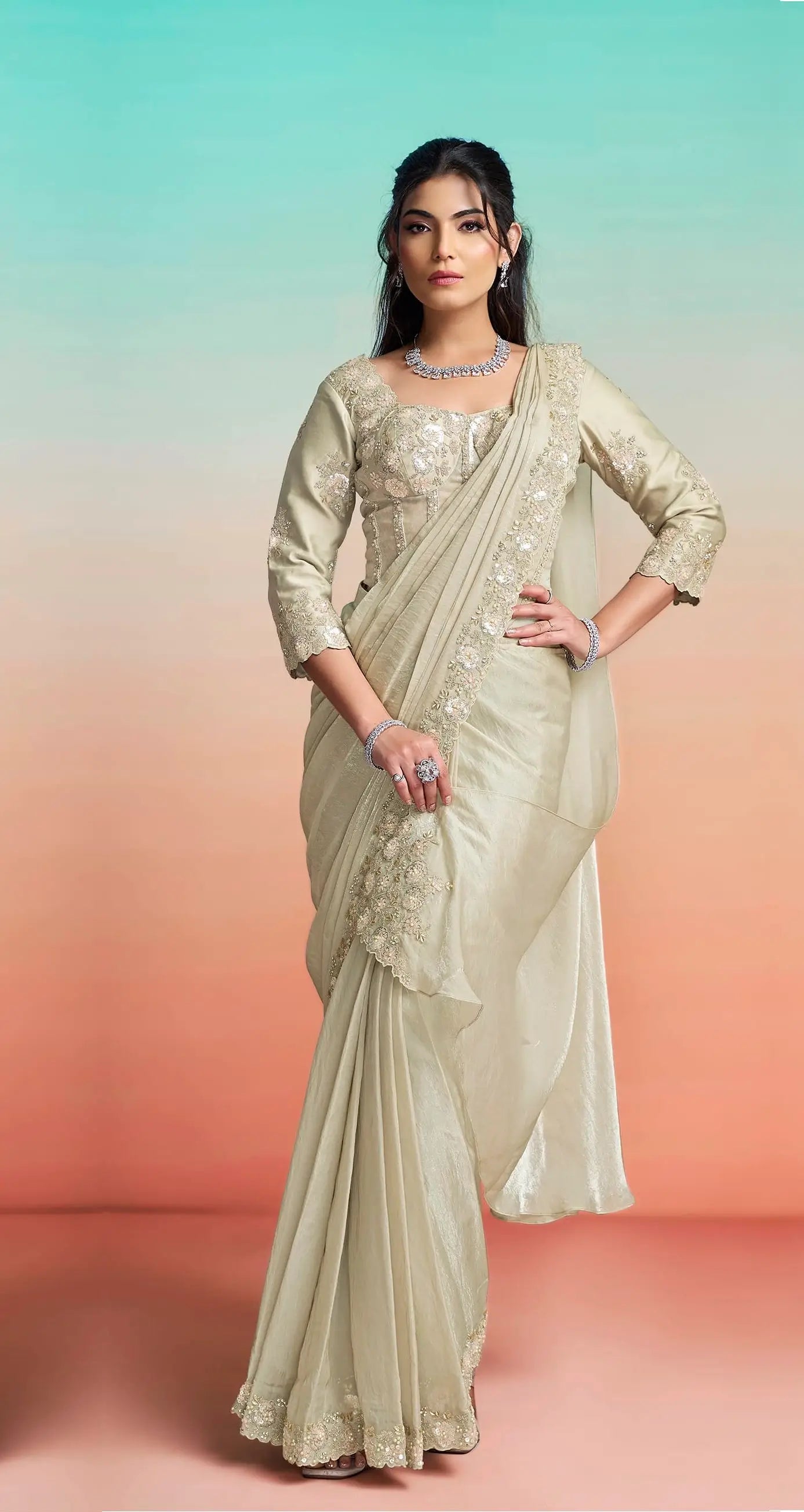 Pearl Grey Ready To Wear Saree