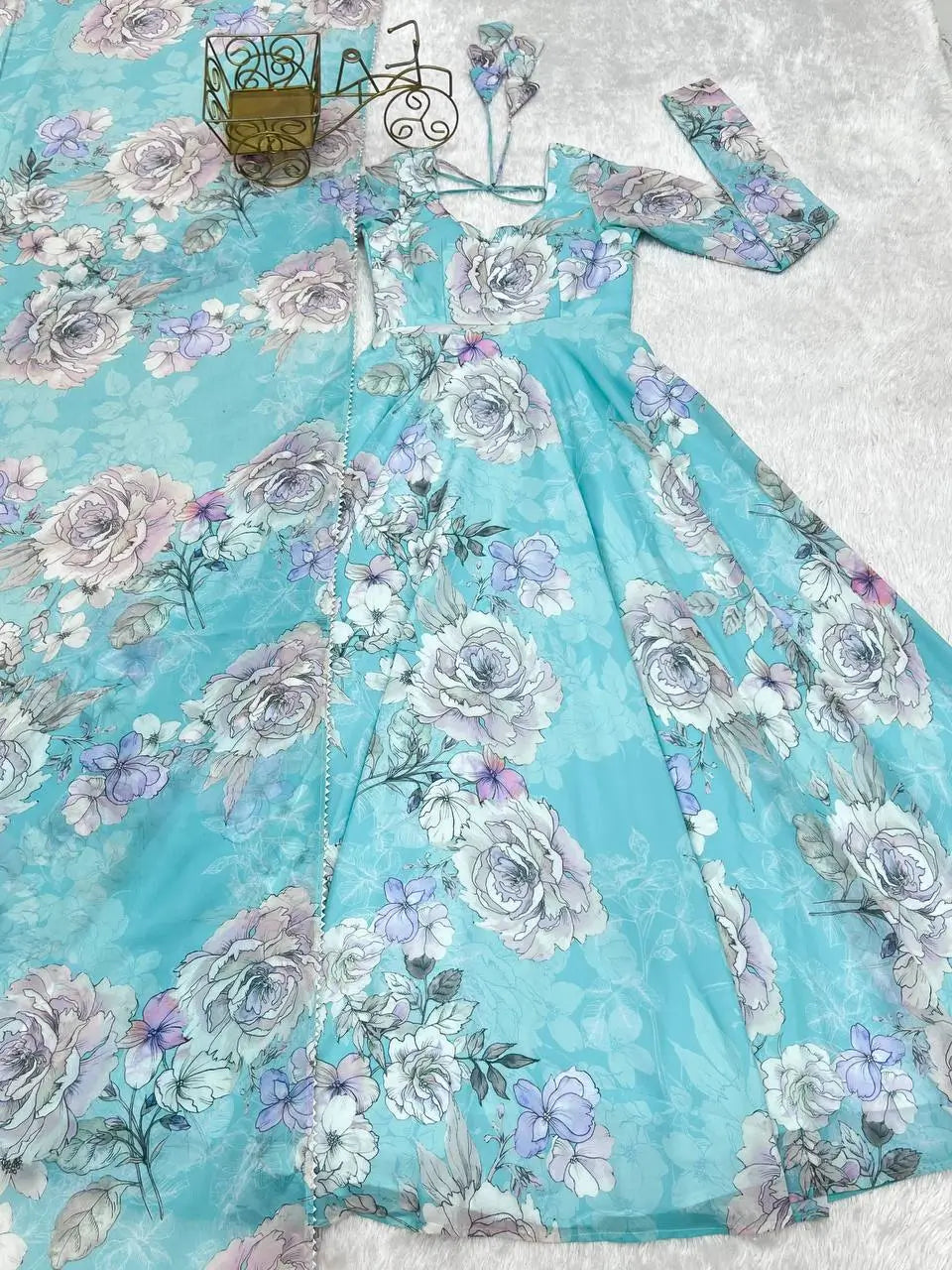 Sky Blue Anarkali Gown With Floral Print