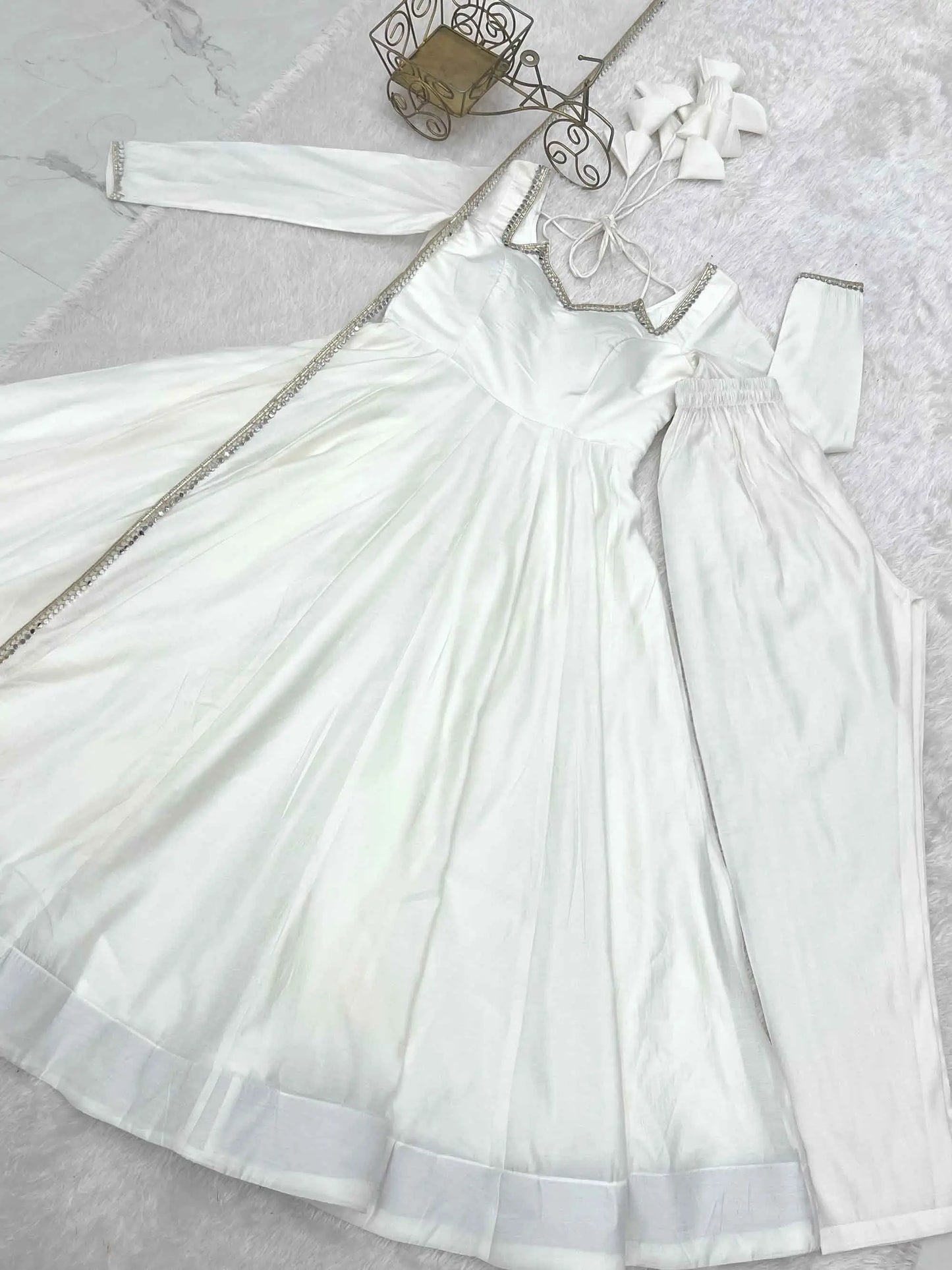 Designer Off White Silk Gown With Dupatta