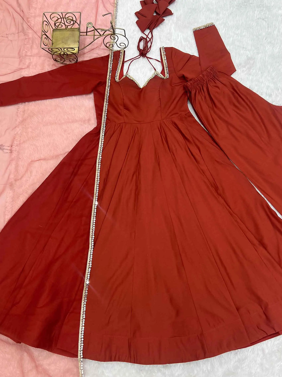 Designer Rust Silk Gown With Dupatta