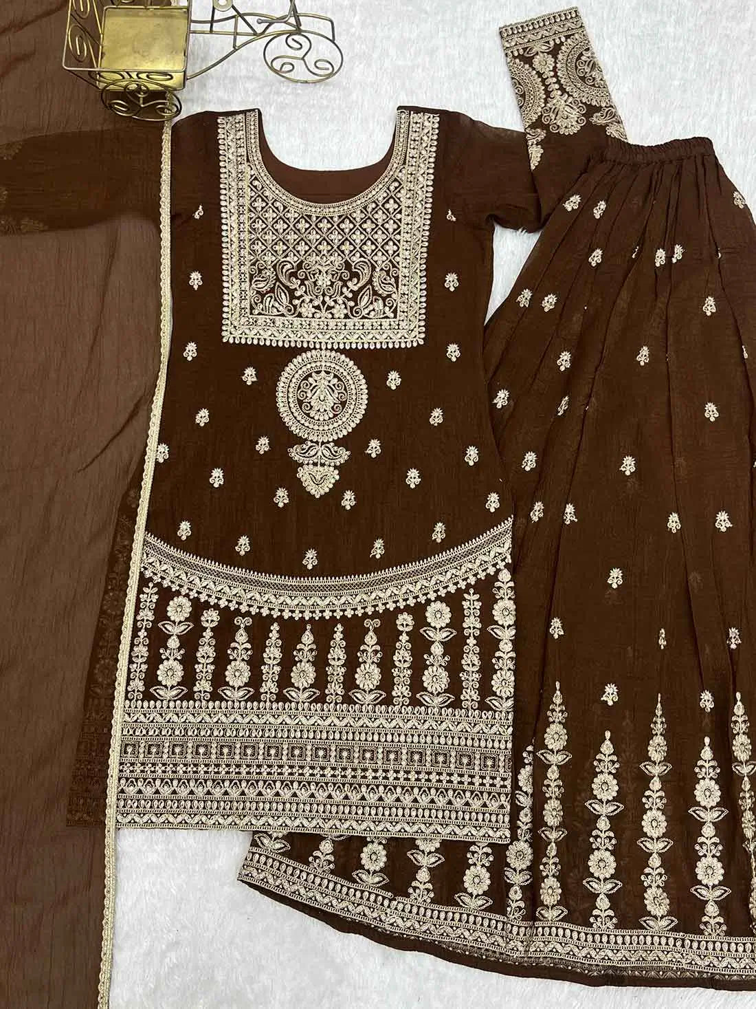 Brown Embroidery Work Sharara Set