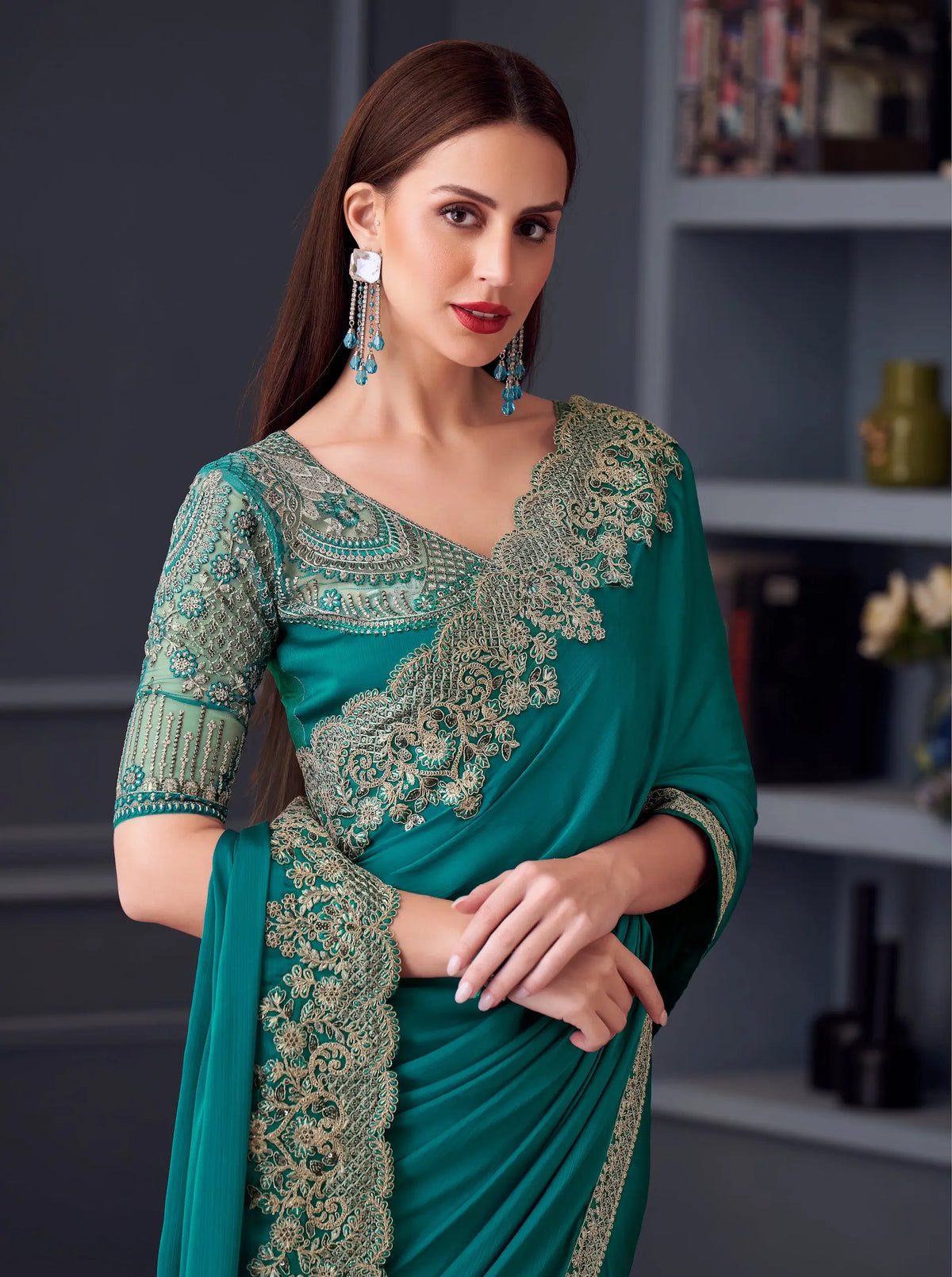 Teal Blue Chiffon Silk Party Wear Saree With Thread & Sequins Embroidery Work