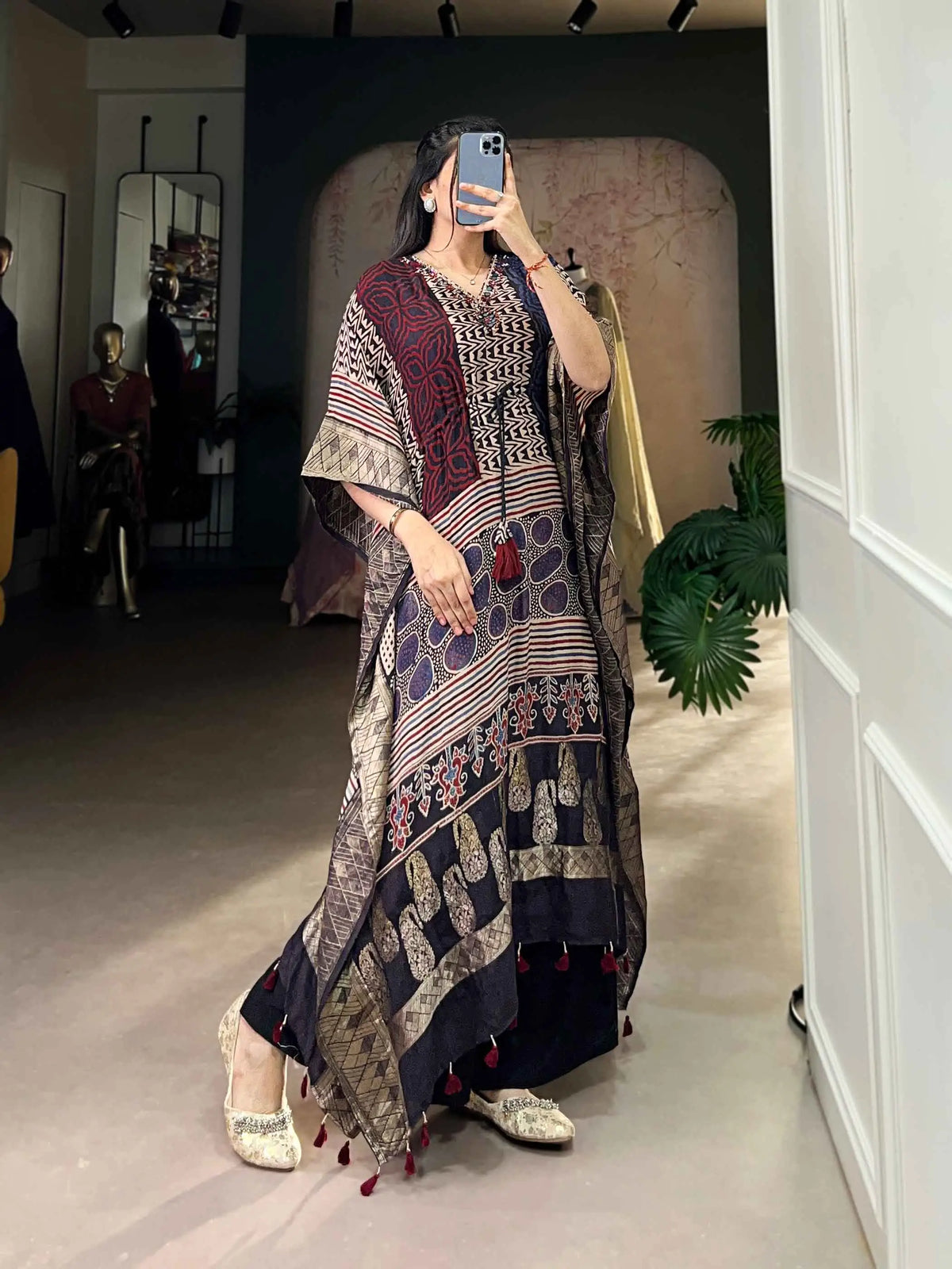 Multi Color Real Mirror Hand Work With Zari Border Kaftan