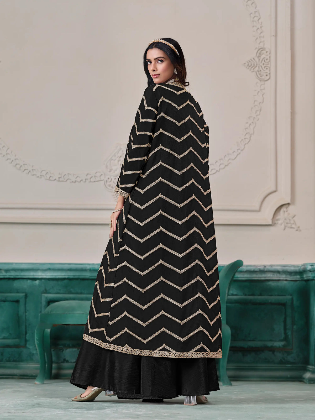 Black Chinon Indo-Western Set With Embroidery Work