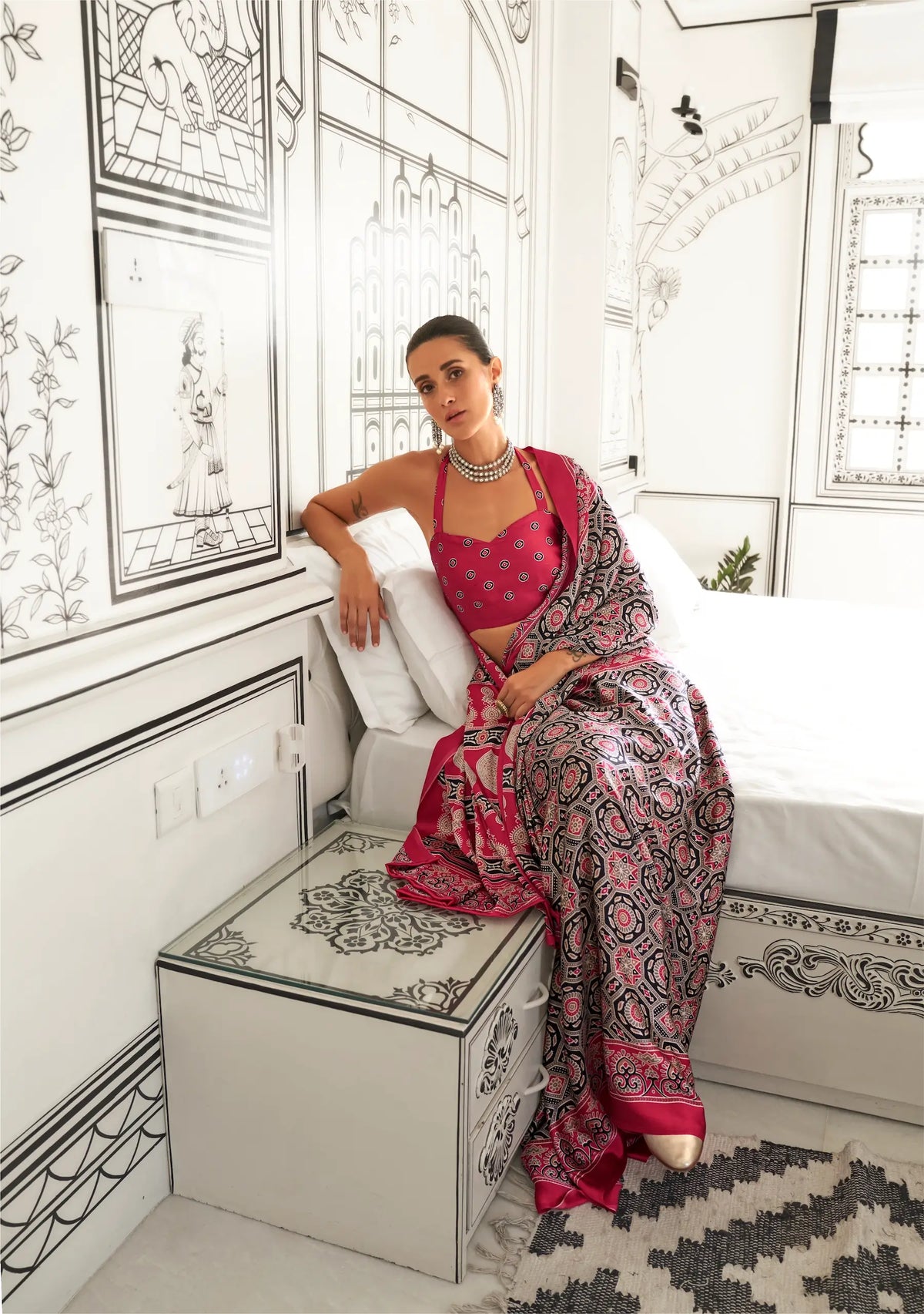 Red-Black Ajrakh Printed Satin Crepe Silk Saree