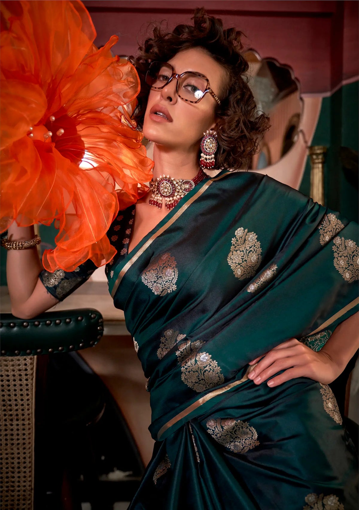 Deep Green Satin Handloom Silk Zari Weaving Work Saree