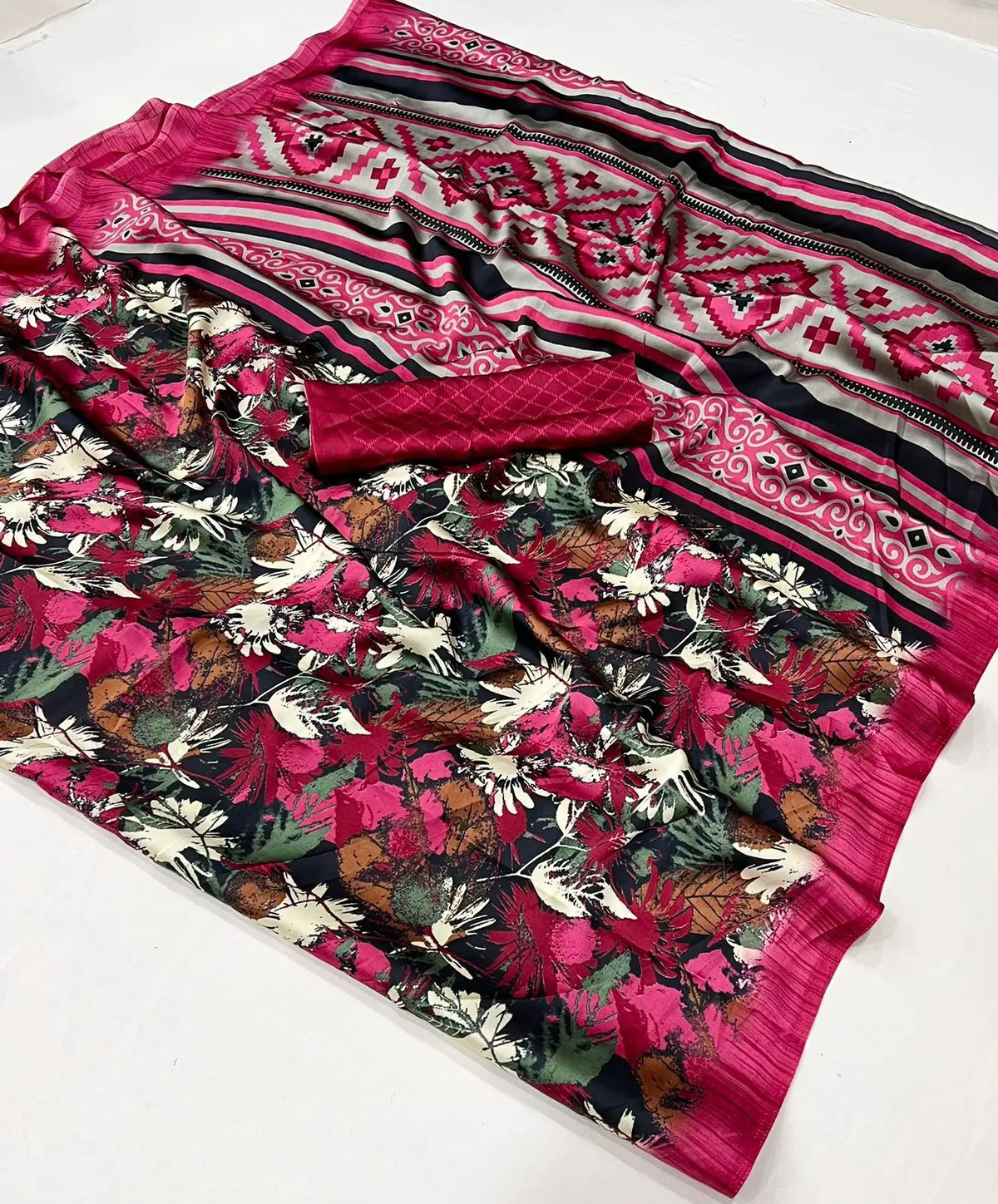 Rose Pink Satin Crepe Digital Printed Saree