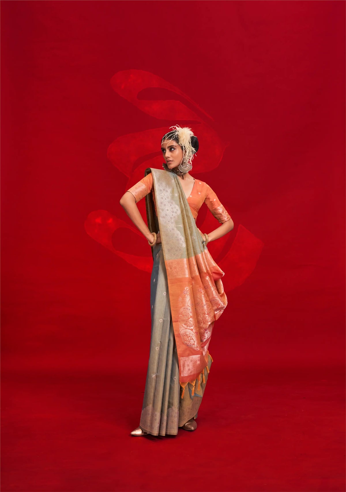 Grey Tussar Silk Zari Weaving saree