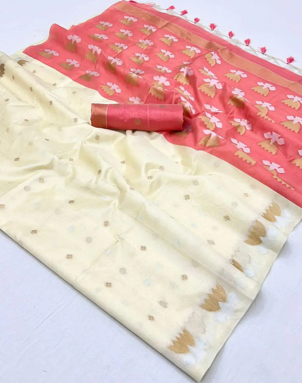 Beige Tussar Silk Zari Weaving Work Saree