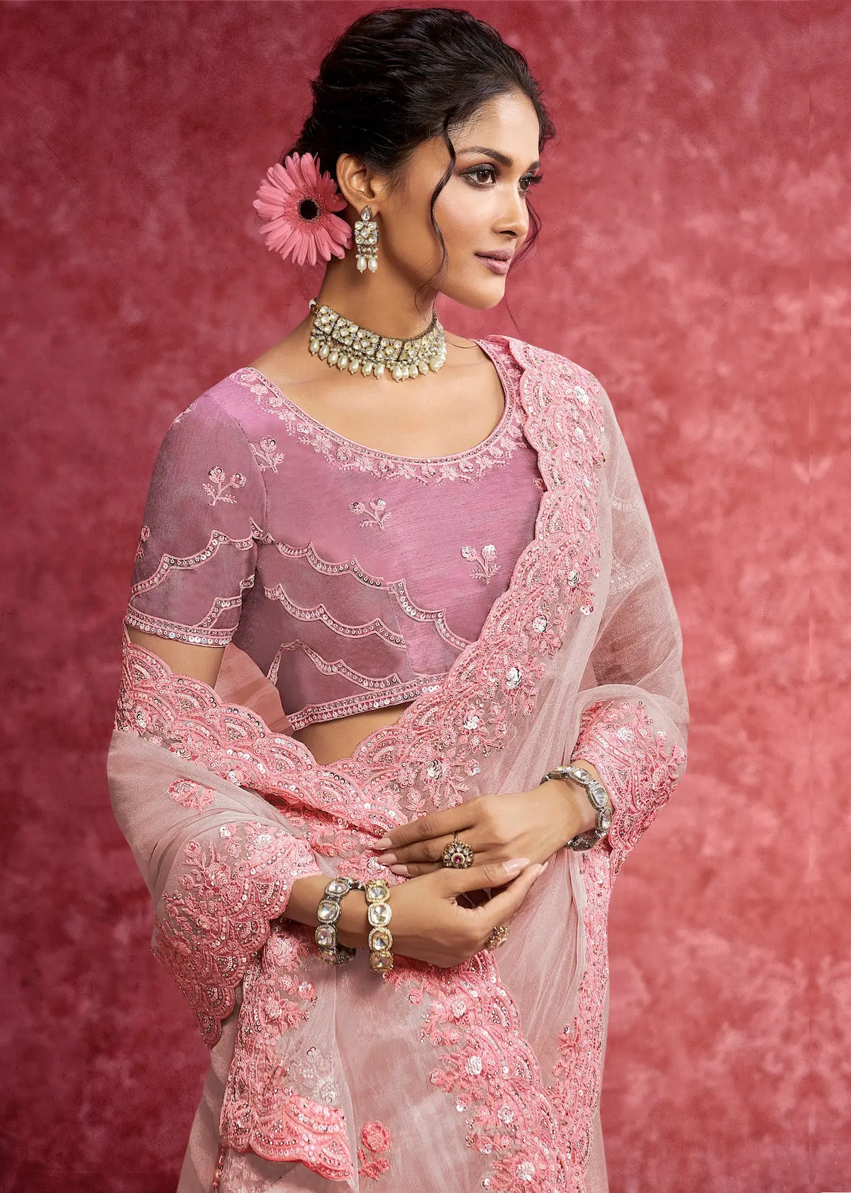 Baby Pink Weave Embroidery Work Party wear Saree