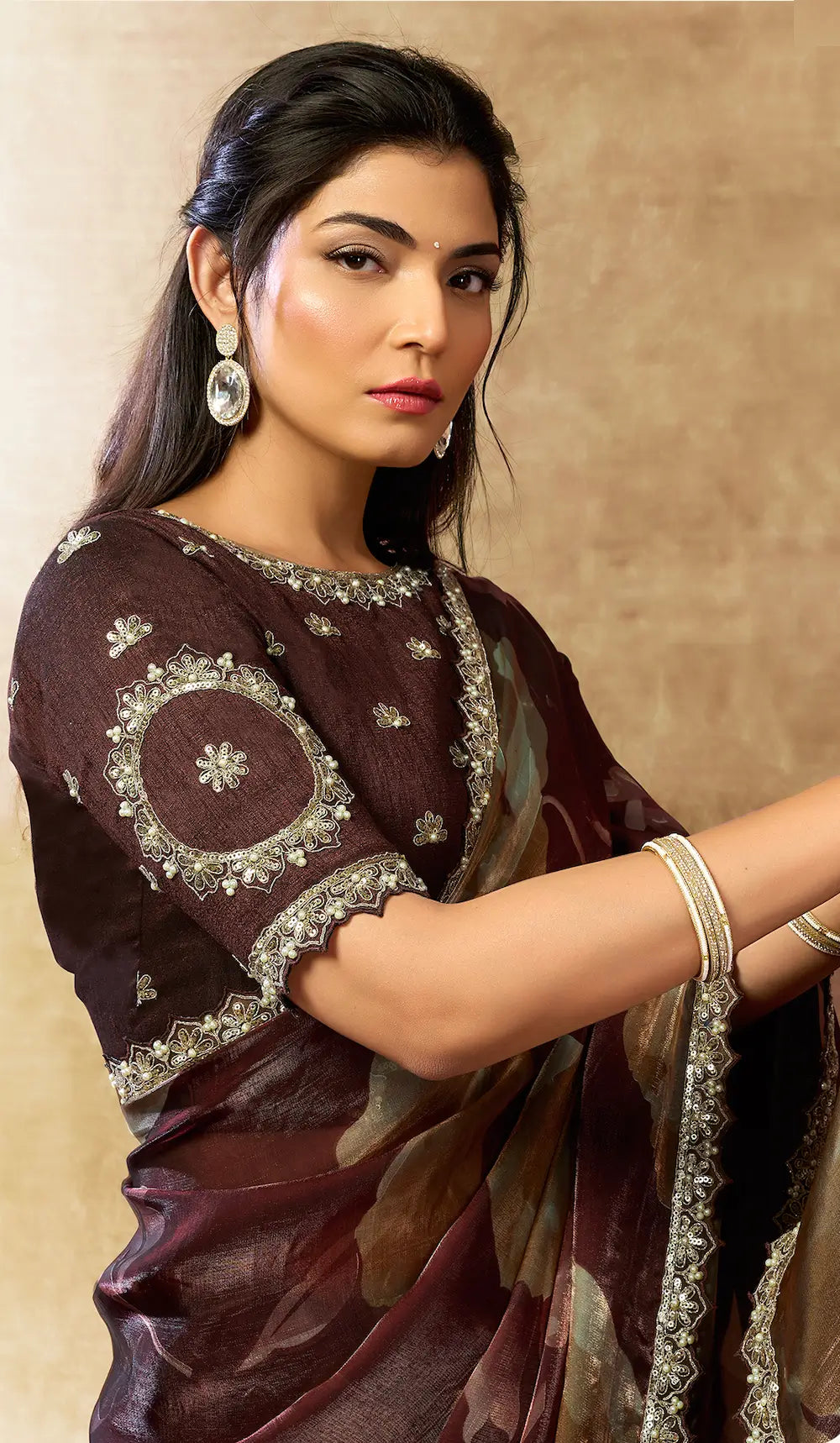 Cocoa Brown Floral Print Saree with Border