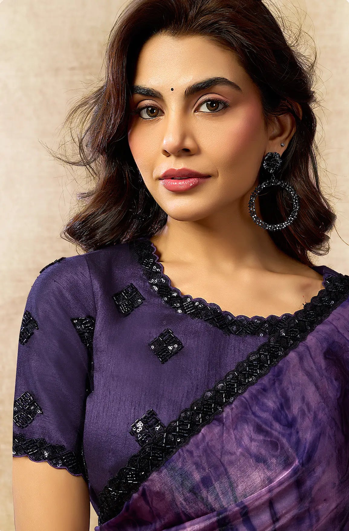 Plum Purple Abstract Print Saree with Border