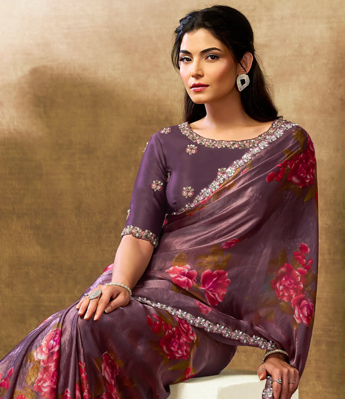 Dark Mauve Floral Print Saree with Border