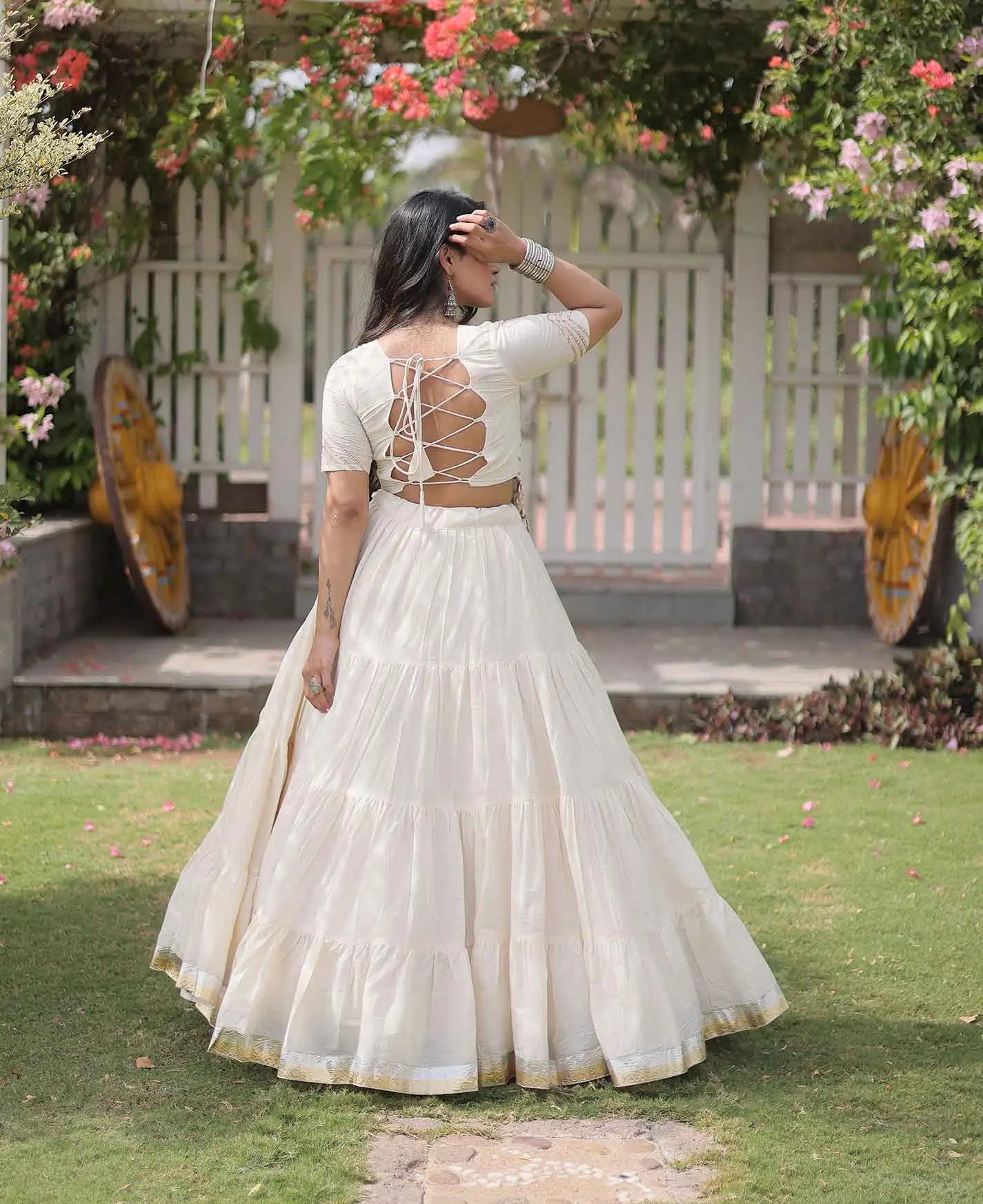 White Gamthi Work Navaratri Lehenga Choli