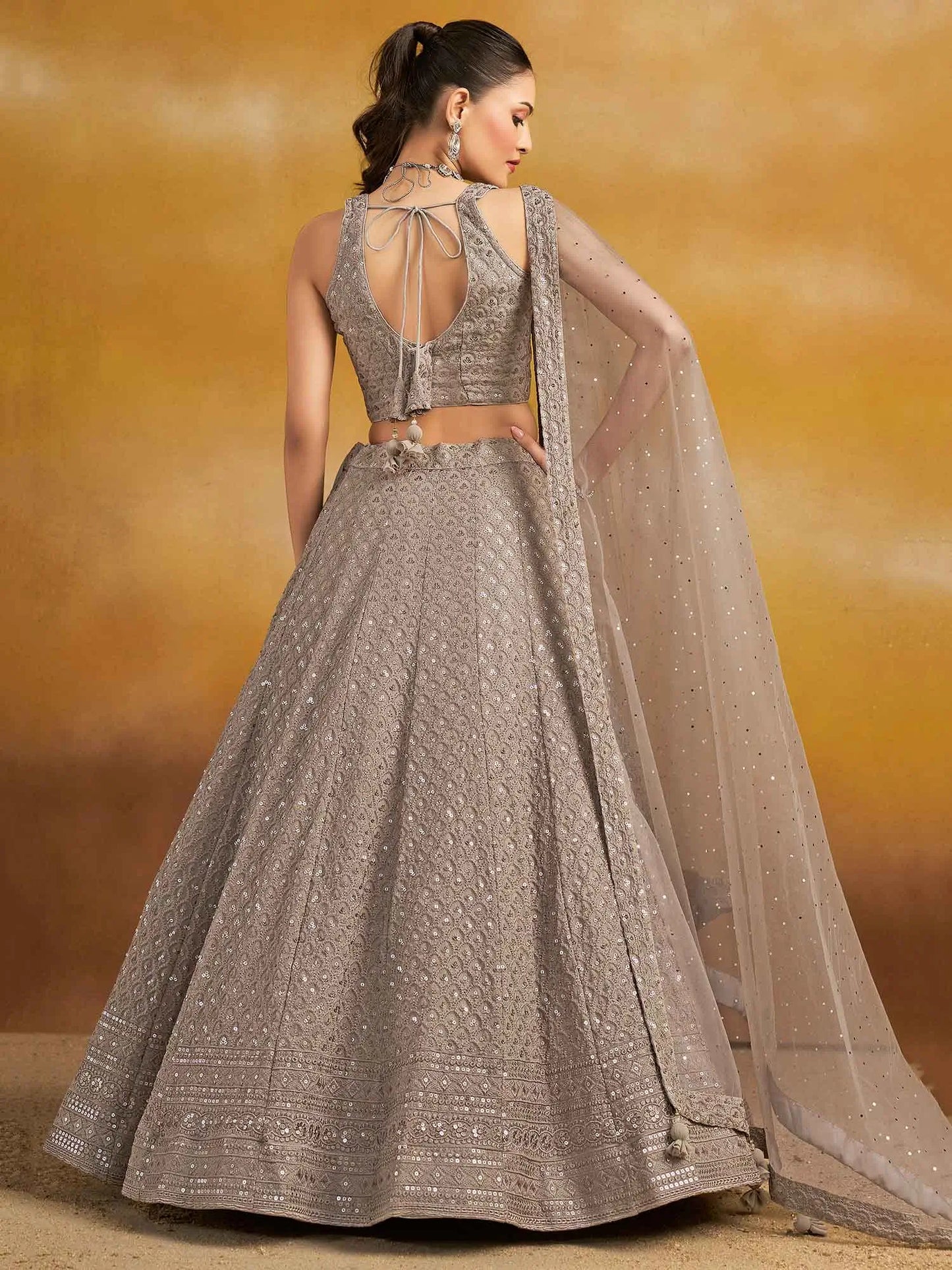 Designer Grey Party Wear Lehenga With Sequins Embroidery Work And Dupatta