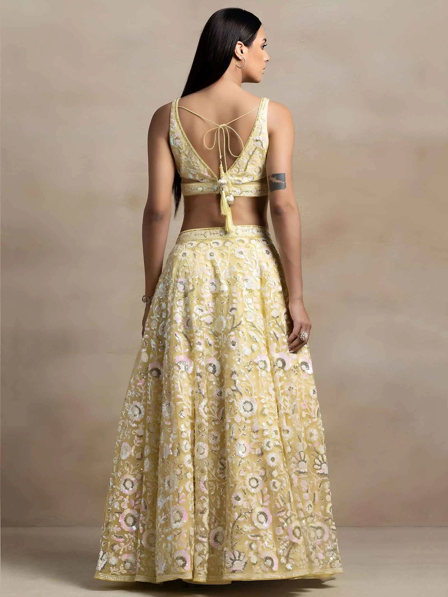 Yellow Sequins Work Net Lehenga Choli