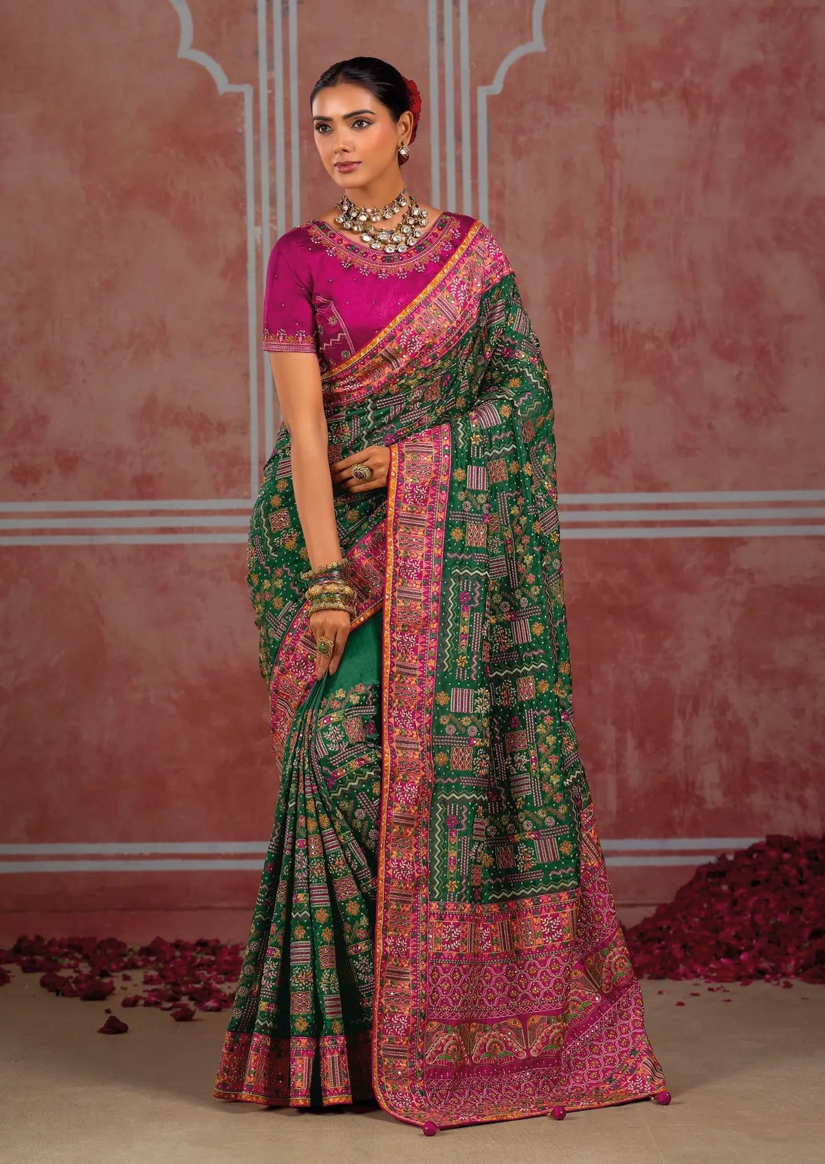 Bottle Green Silk Kacchi Heavy Work Saree
